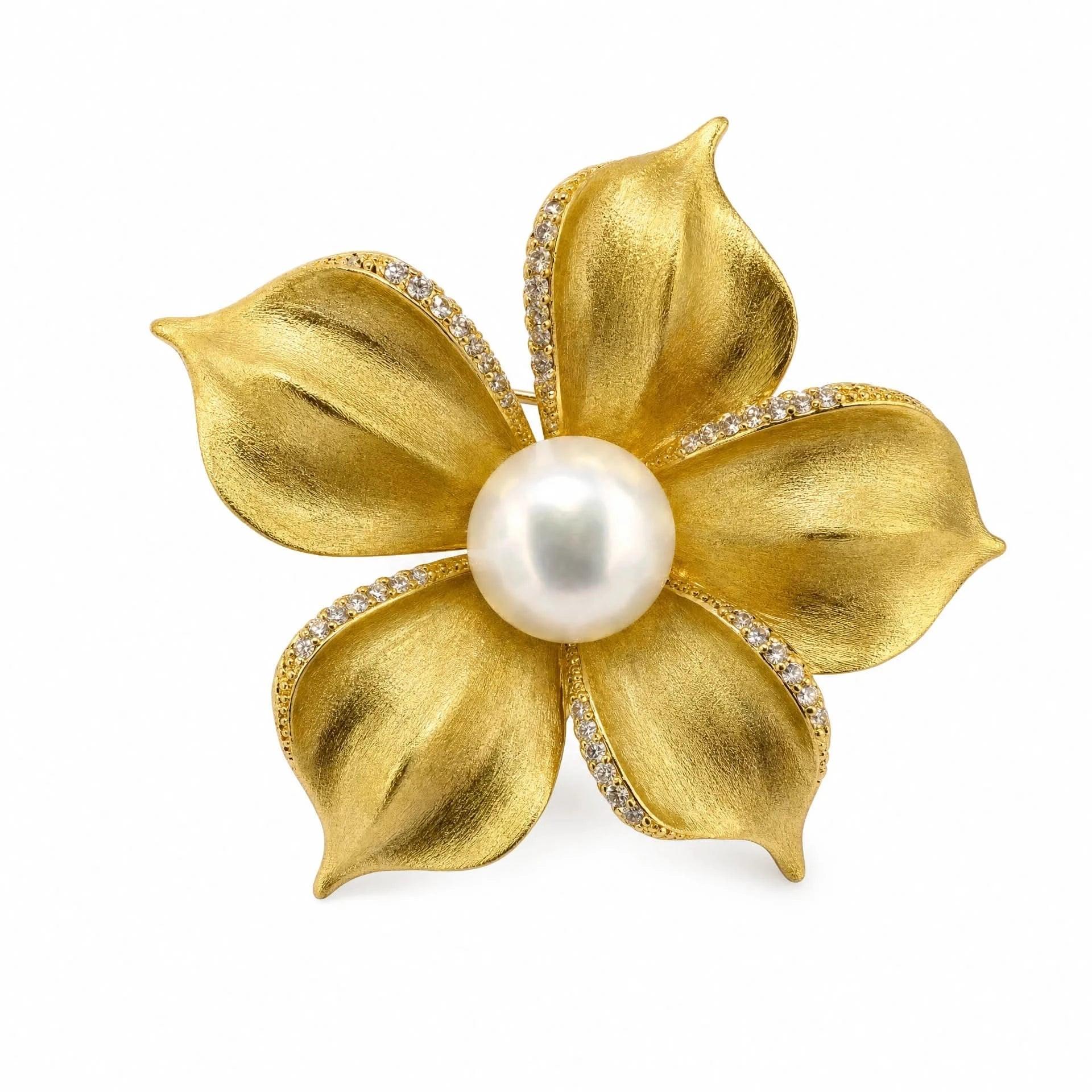 Women's Freshwater Pearl Brushed Gold Flower Brooch & Pendant | Angel Barocco