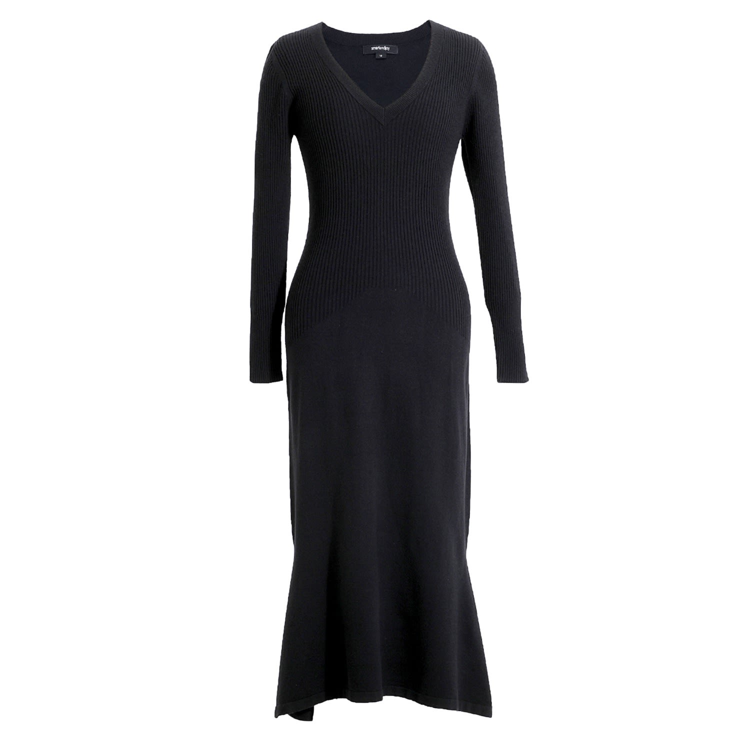 Smart And Joy Women's Slim V-neck Sweater Midi Dress- Black In Black