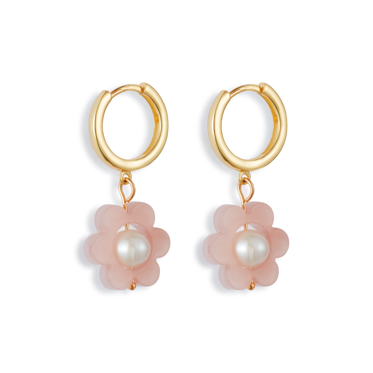 Toolally Women's Pink / Gold Flower Pearl Huggie Earrings - Pink In Gold