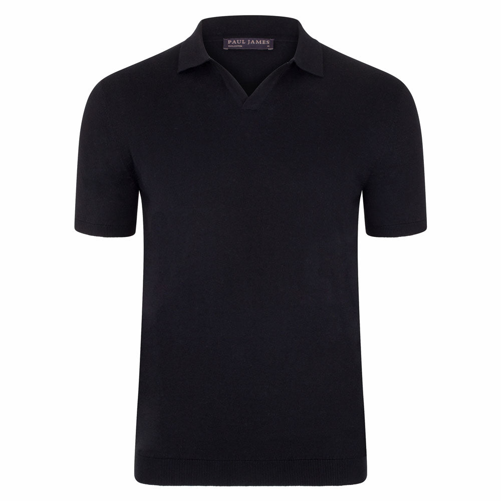 Mens Ultra Fine Cotton Nathan Buttonless Polo Shirt - Black 3Xl Paul James Knitwear