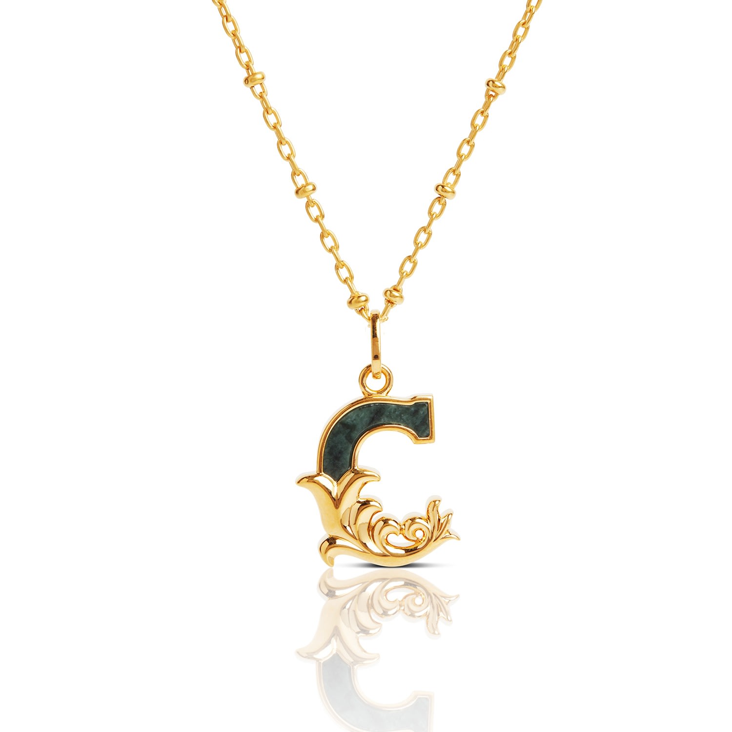 Women’s Gold Plated C Initial Necklace With Green Marble Kasun