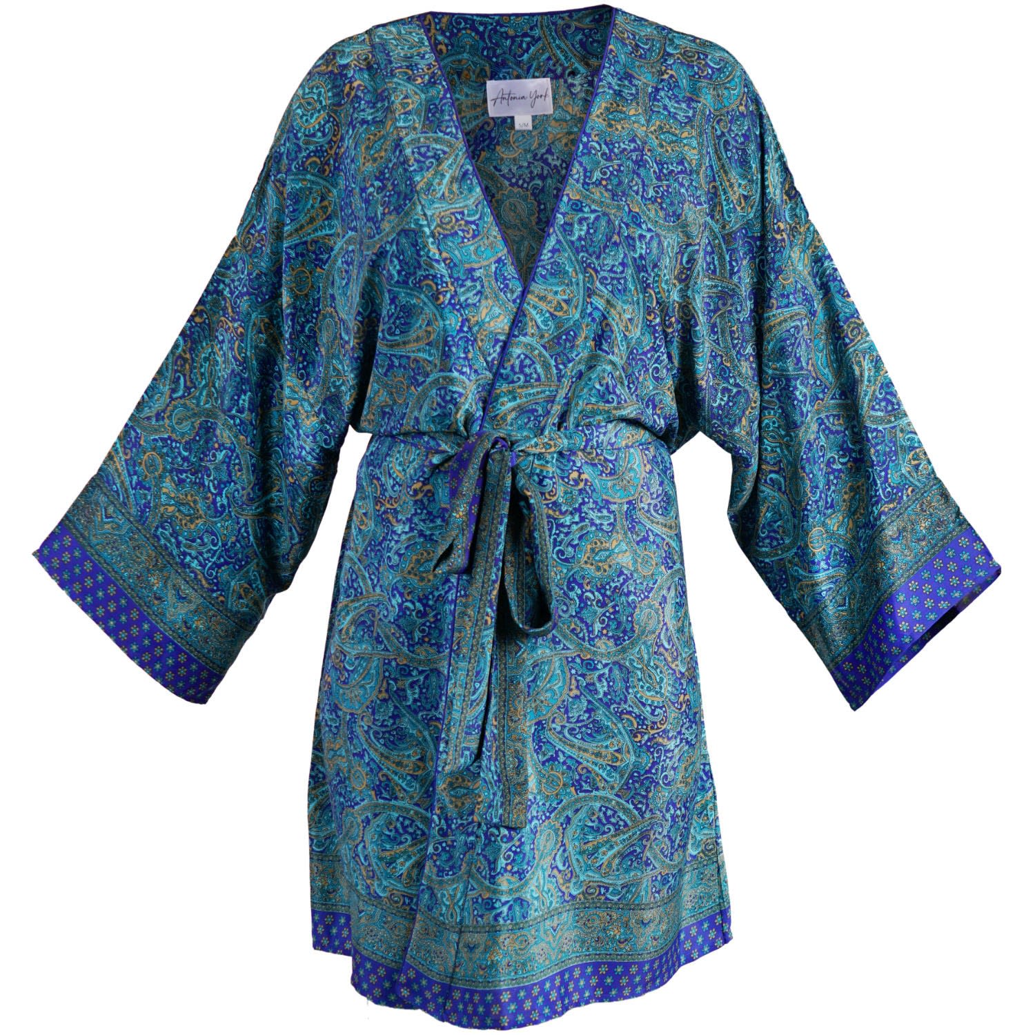 Women’s Emily Lightweight Silky Paisley Kimono - Turquoise & Blue S/M Antonia York