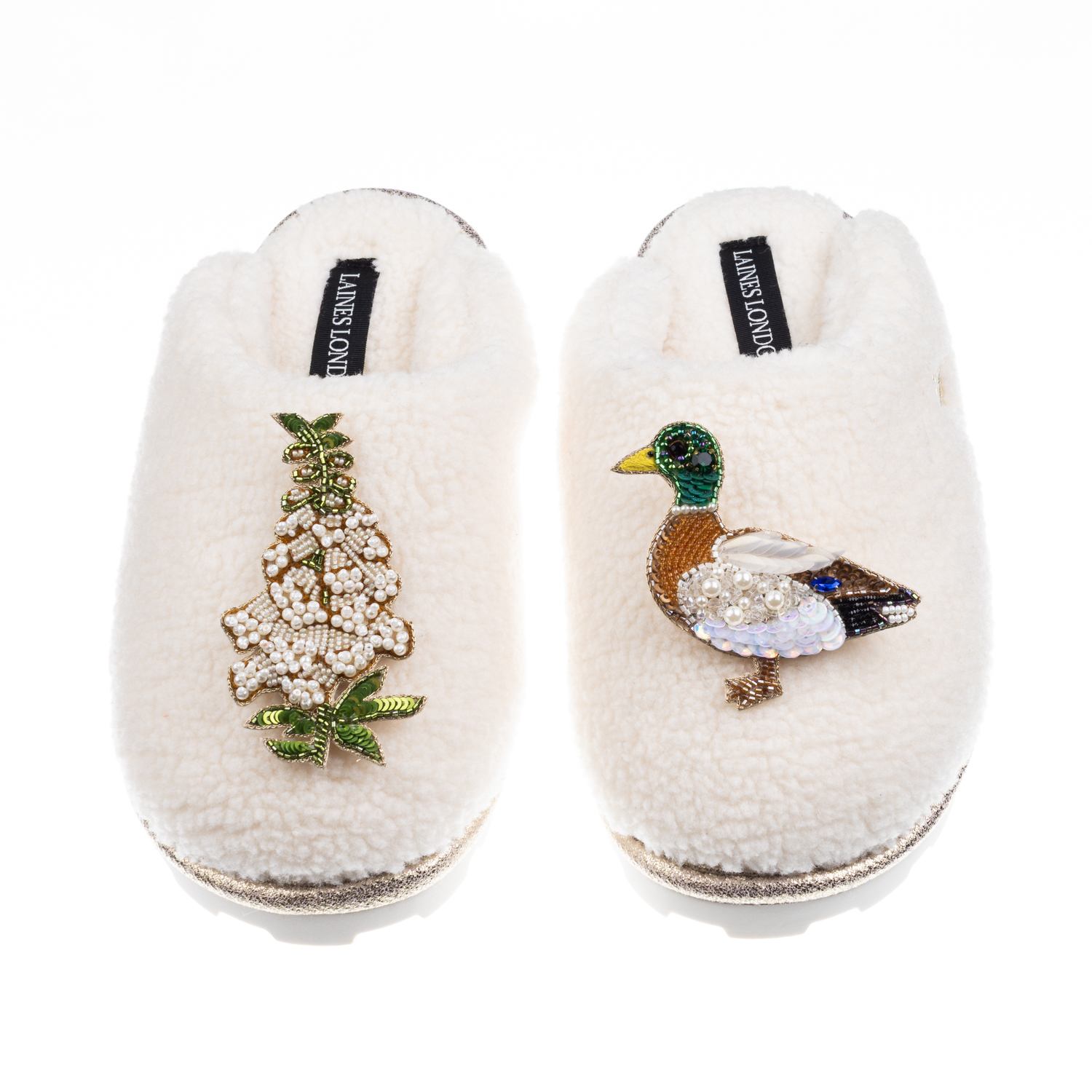Laines London Women's Neutrals / White Teddy Closed Toe Slippers With Duck & White Foxglove Brooches - Cream In White