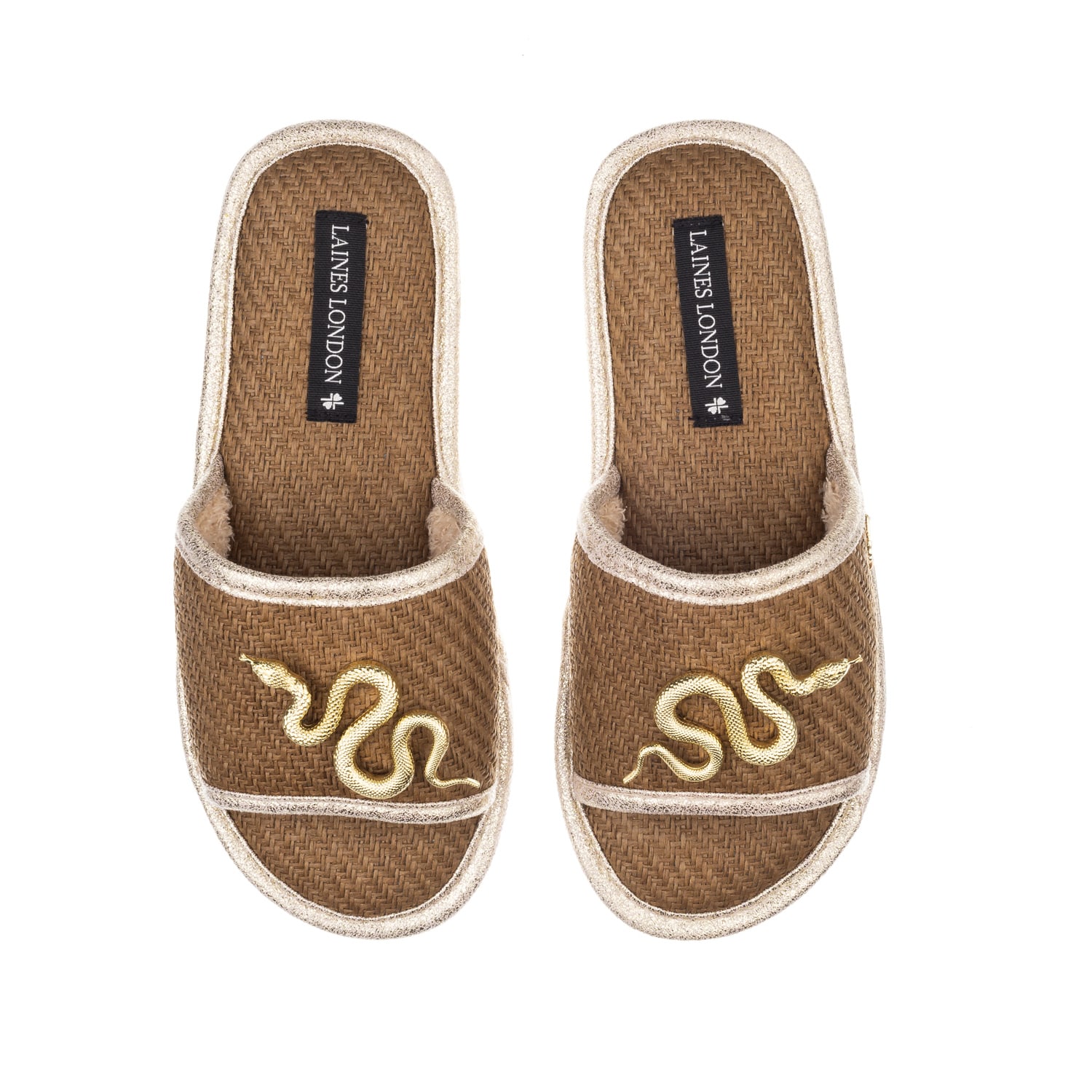 Laines London Women's Brown Straw Braided Sandals With Gold Metal Snake Brooches - Caramel In Brown