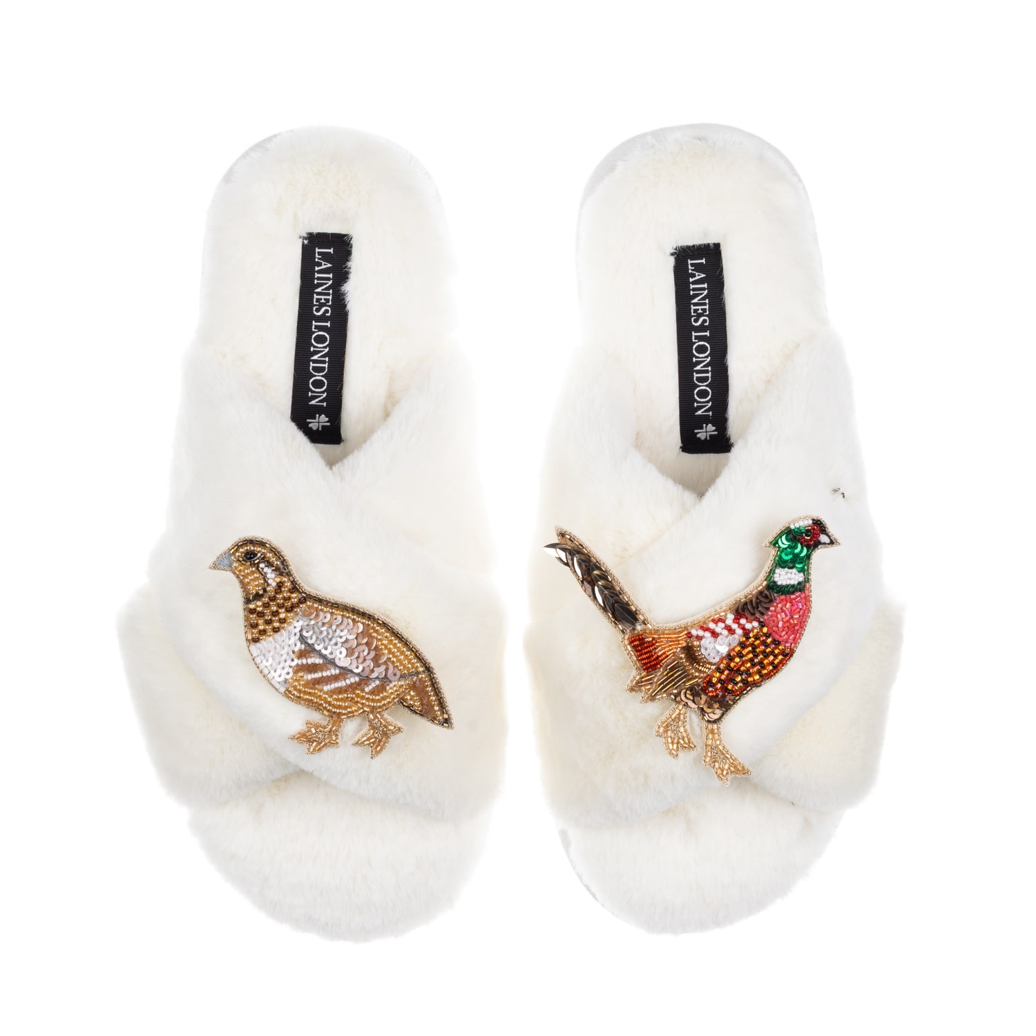 Laines London Women's White / Neutrals Classic Laines Slippers With Pheasant & Hen Brooches - Cream In White