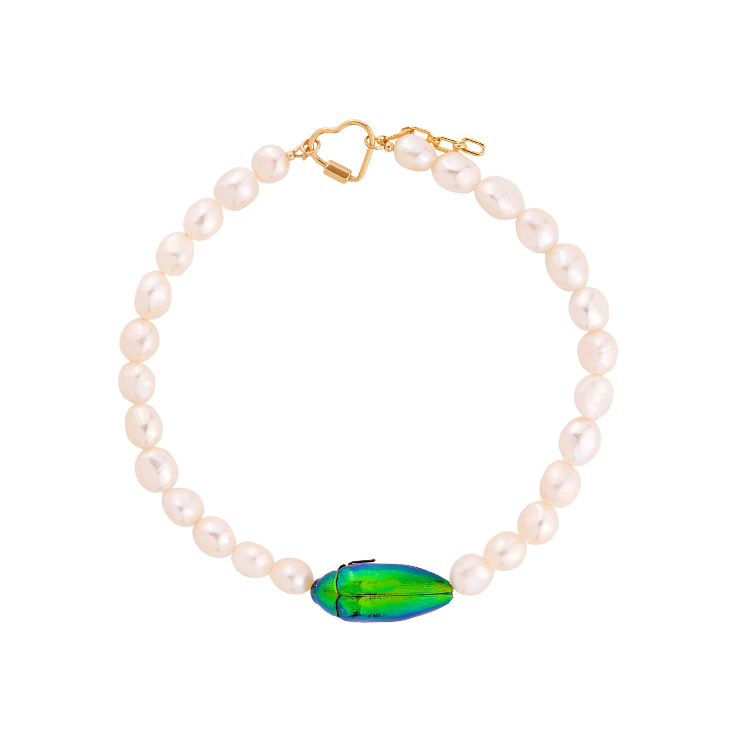 Oanasavu.creations Women's Green / Gold / White Beetle Scarab Insect Gold And White Pearls Necklace In Multi