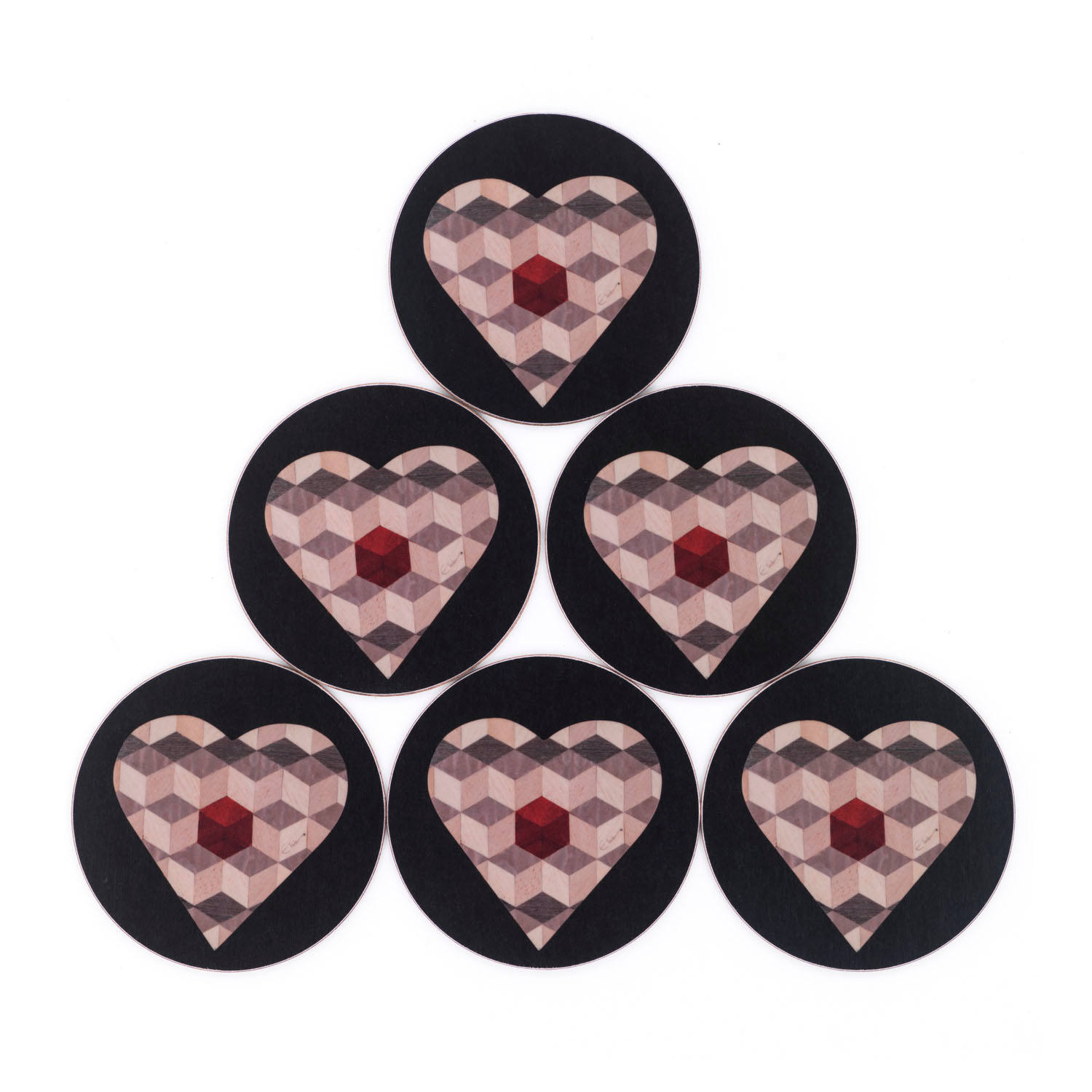 E. Inder Designs Black / Red / Pink Coaster Set Of Six Heart Design In Glamorous Black Pink High Gloss Melamine. Heat