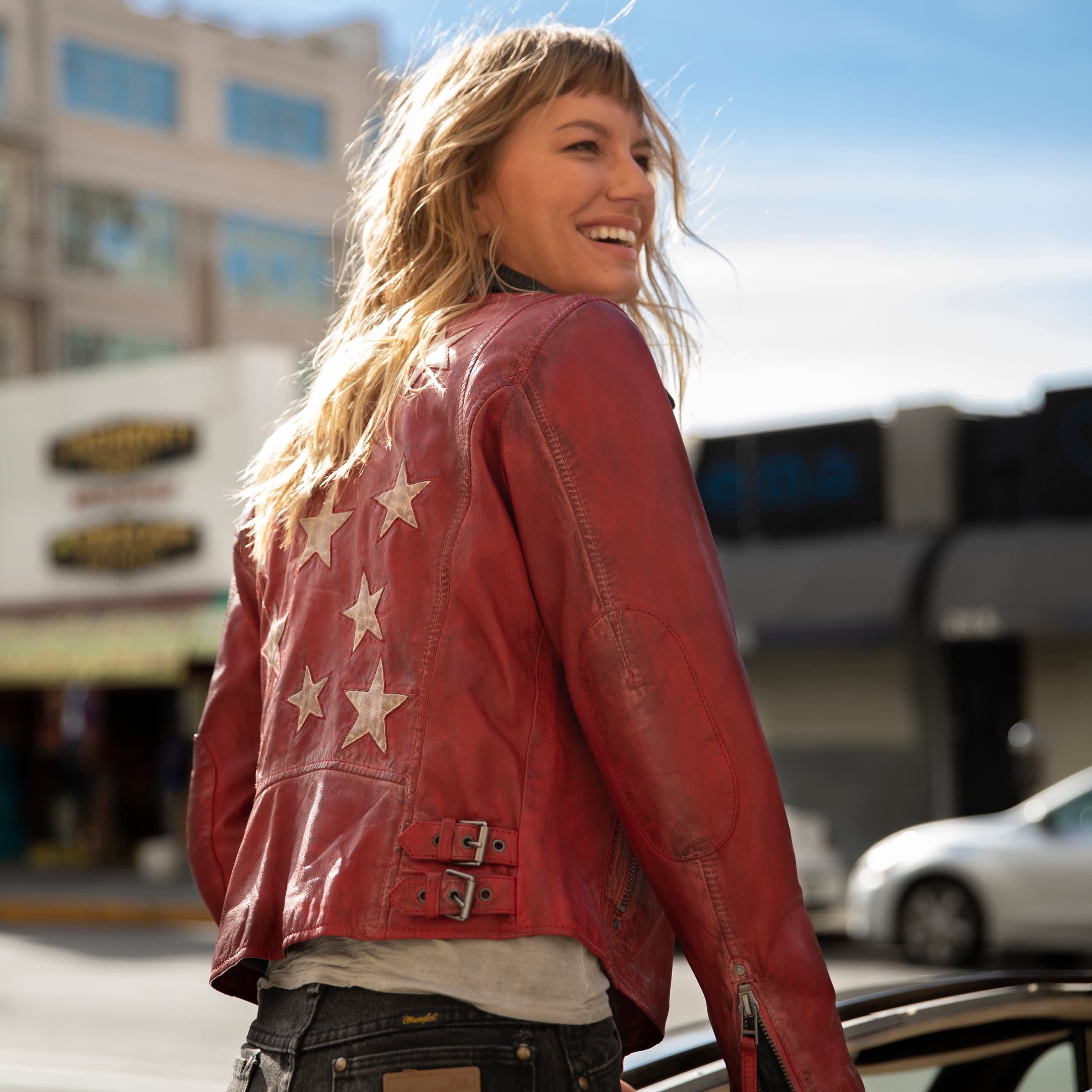 Red leather jacket street style clearance
