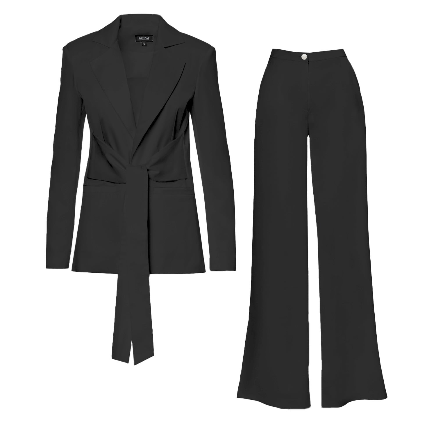 Bluzat Women's Black Suit With Blazer With Scarves And Wide Leg Pants In Black