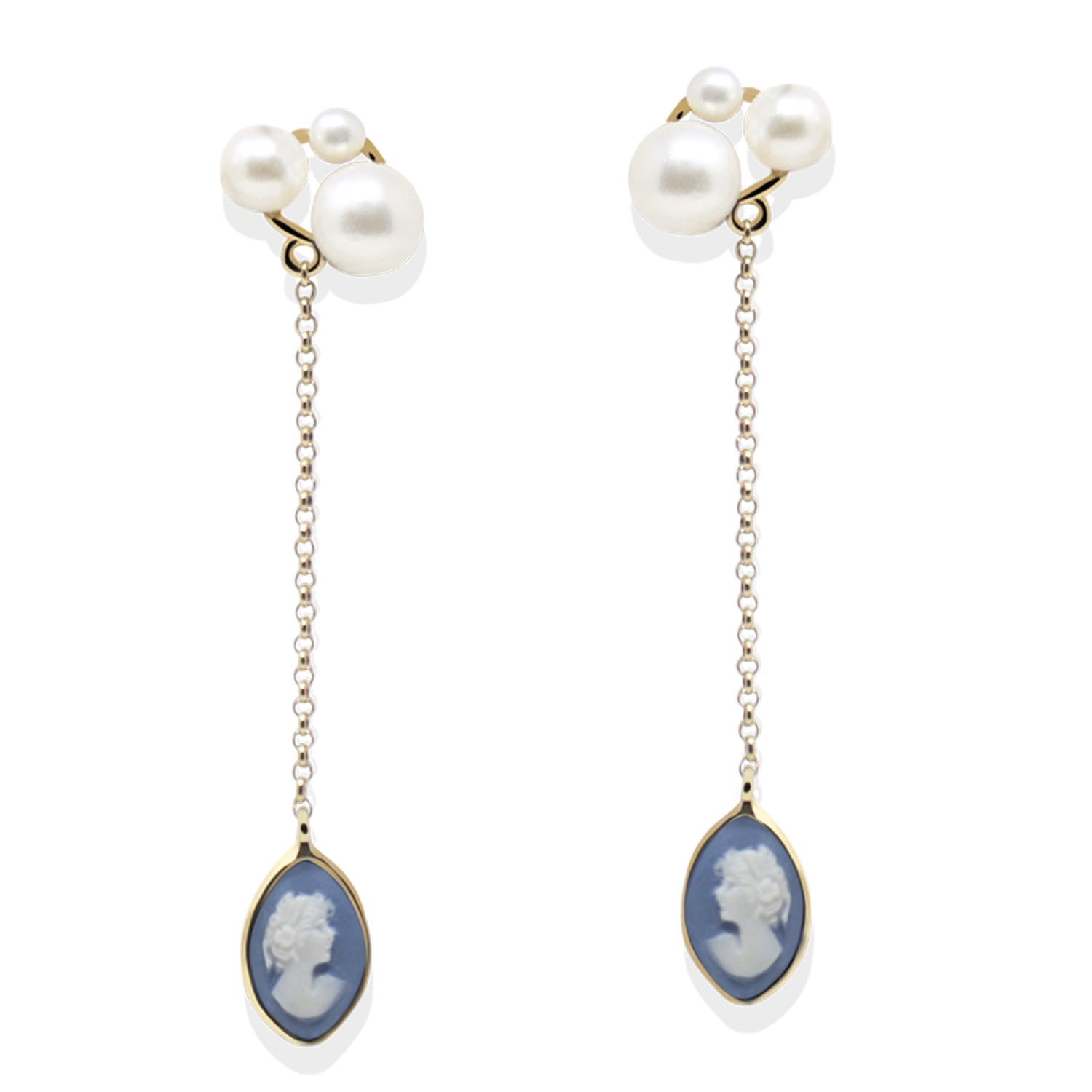 Vintouch Italy Women's Blue / Gold Lilith Gold-plated Sky Blue Cameo And Pearl Drop Earrings In Multi