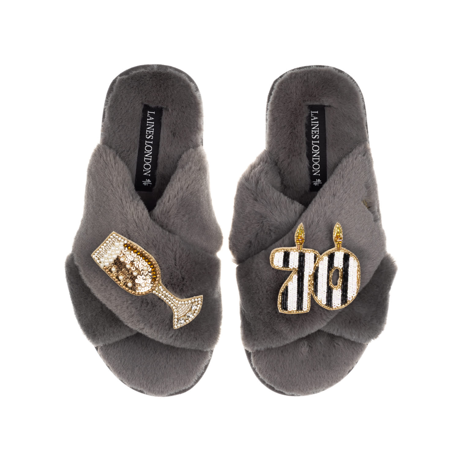 Laines London Women's Classic Laines Slippers With Stripe 70th Birthday & Glass Of Champagne Brooches - Grey In Grey