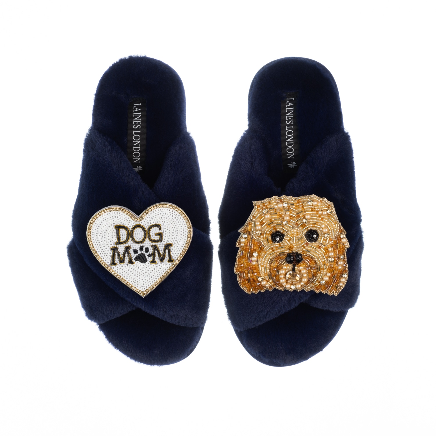 Laines London Women's Blue Classic Laines Slippers With Enki-doo & Dog Mum / Mom Brooches - Navy In Blue