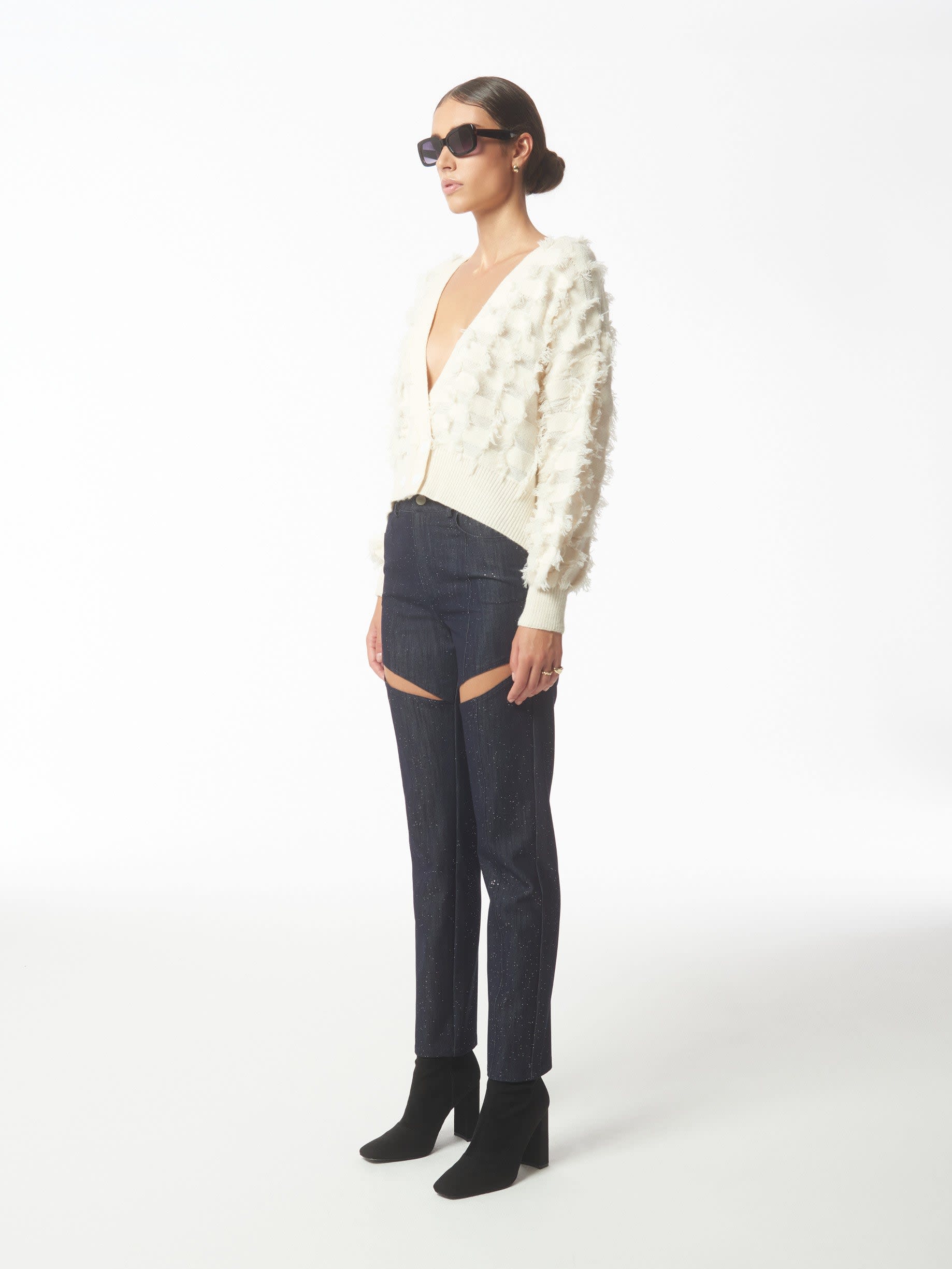 Fringed Checkerboard Cardigan In White | SOUR FIGS | Wolf & Badger