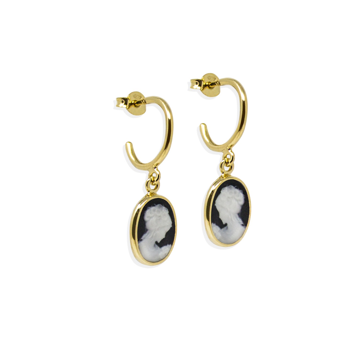 Vintouch Italy Women's Black / Gold Gold-plated Black Mini Cameo Hoop Earrings In Multi