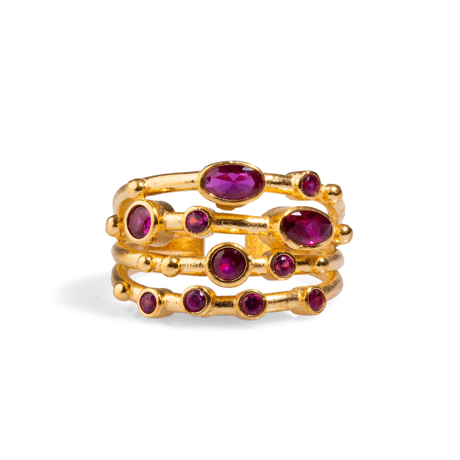 Ebru Jewelry Women's Gold / Pink / Purple Ruby Stone & Gold Design Adjustable Statement Ring - Pink