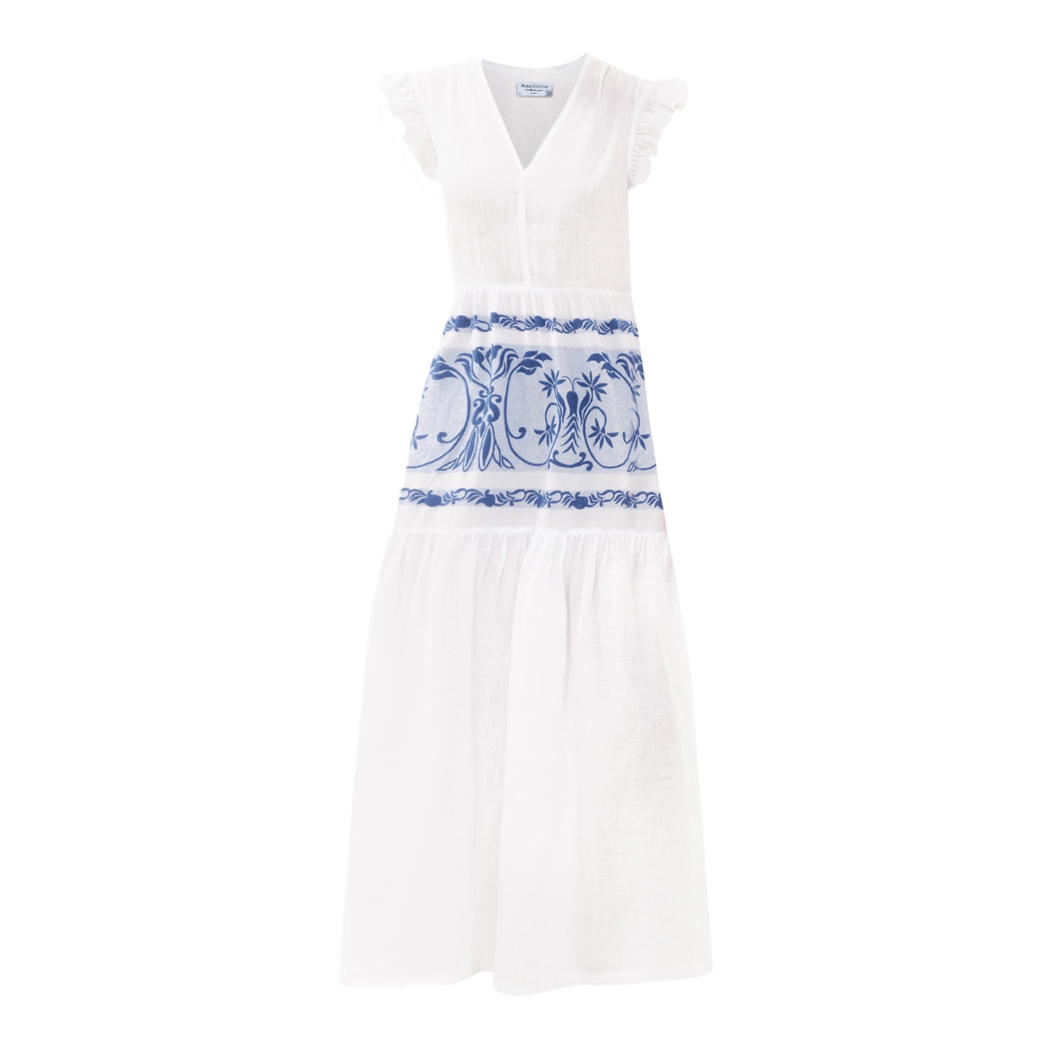Haris Cotton Women's V Neck Maxi Linen Dress With Ruffle Hem And Embroidered Cotton Panel - White Lapis In White