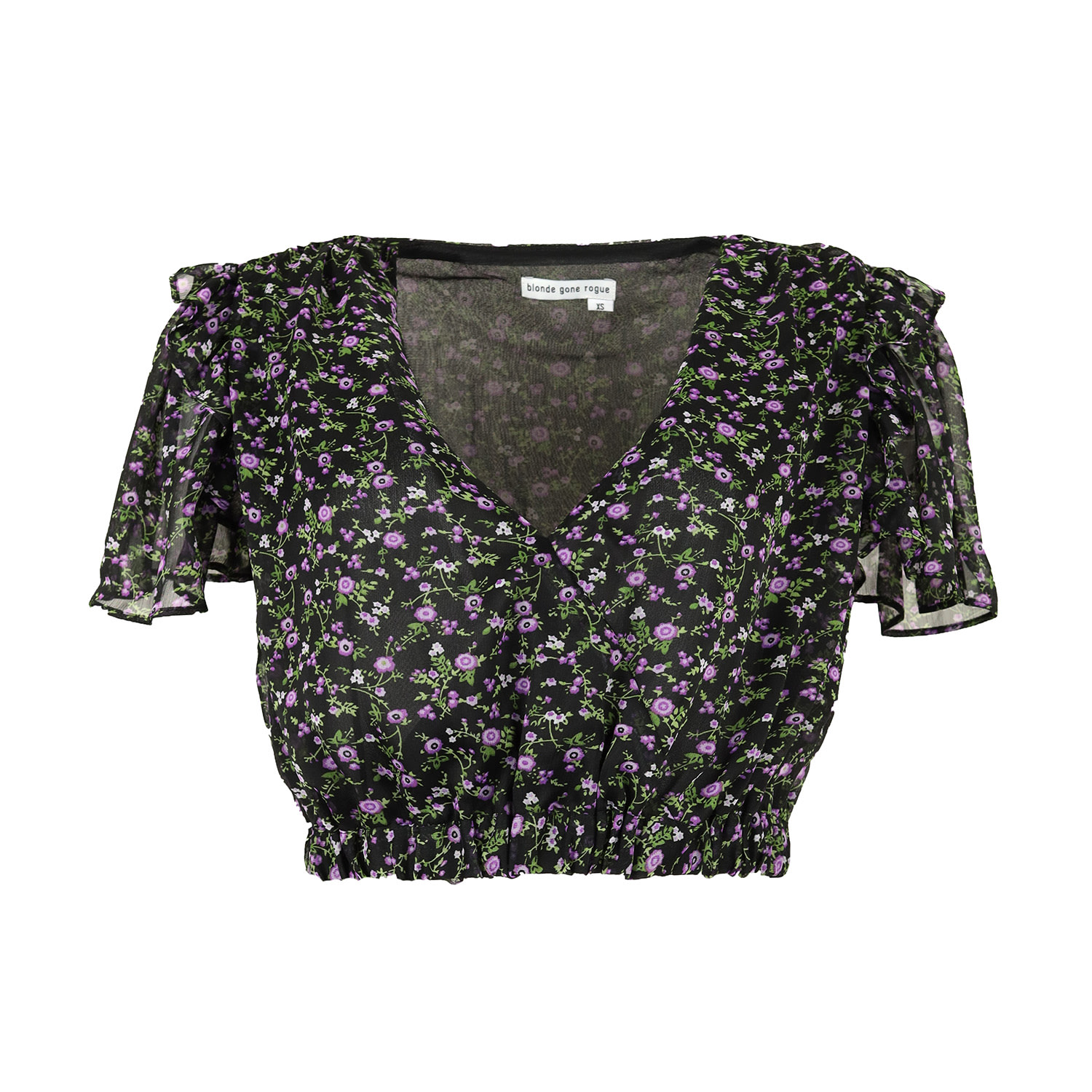 Blonde Gone Rogue Women's Wildflower Surplice Crop Top With Ruffles, Upcycled Polyester, In Black Print In Black