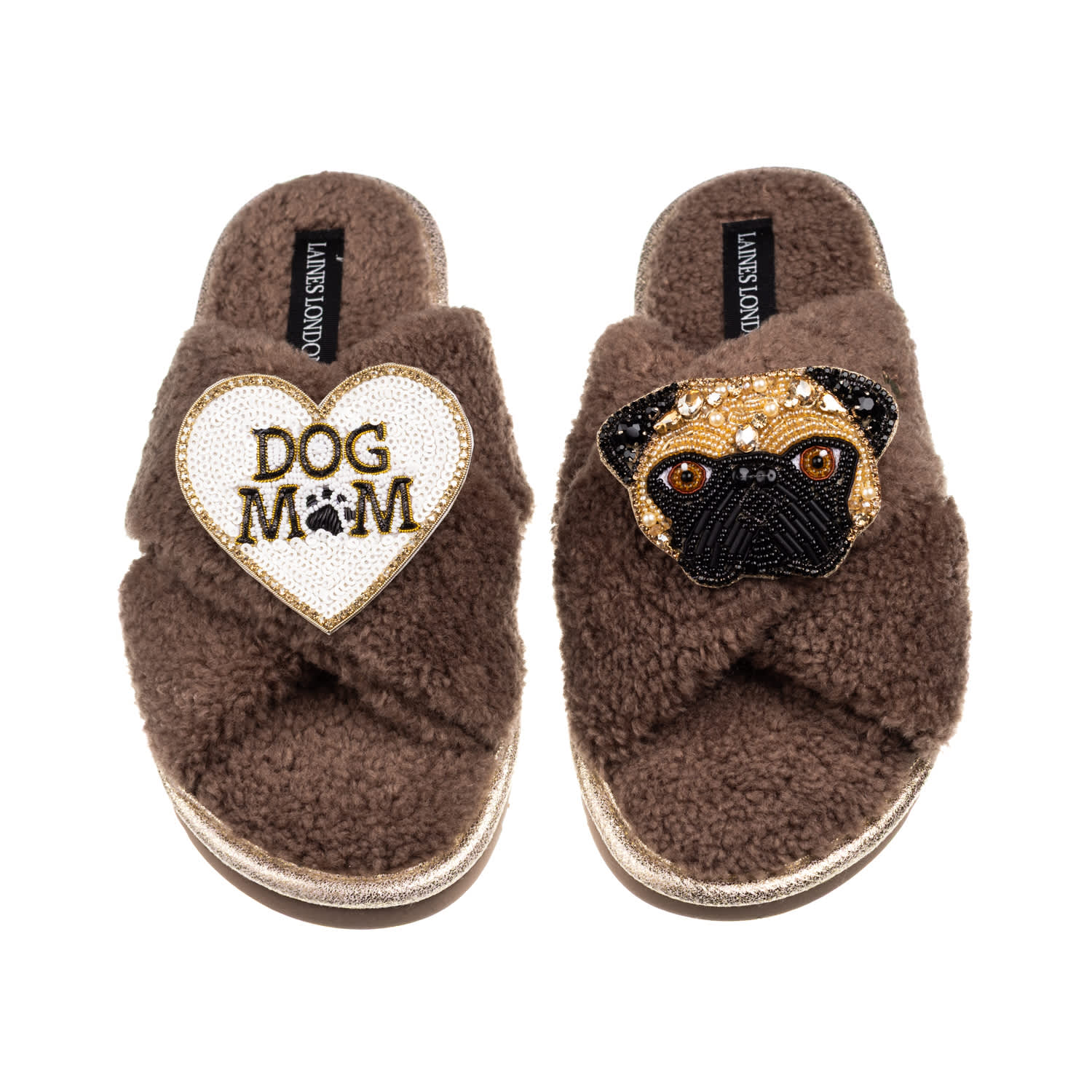 Laines London Women's Brown / Neutrals Laines Netural Boucle Slippers With Franki Fawn Pug & Dog Mum / Mom Brooche