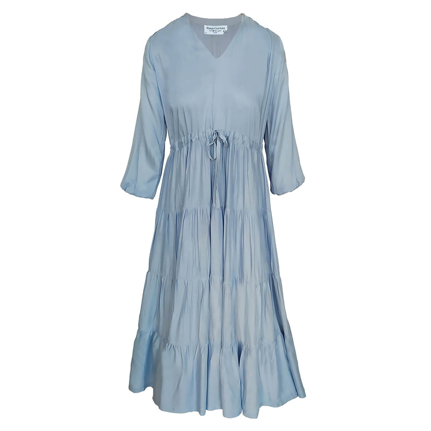 Women’s Voile Viscose Maxi Dress With Balloon Sleeves And Drawstring - Sky Blue L/Xl Haris Cotton