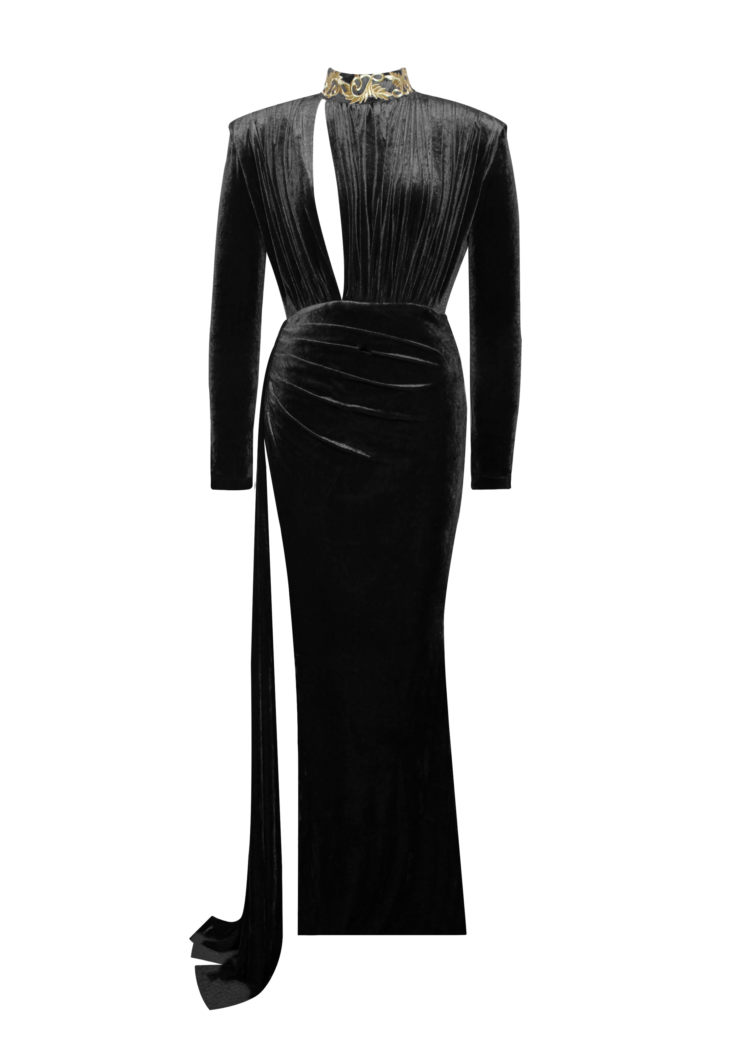 Miss Circle New York Women's Zenaida Black Cutout High Slit Velvet Gown