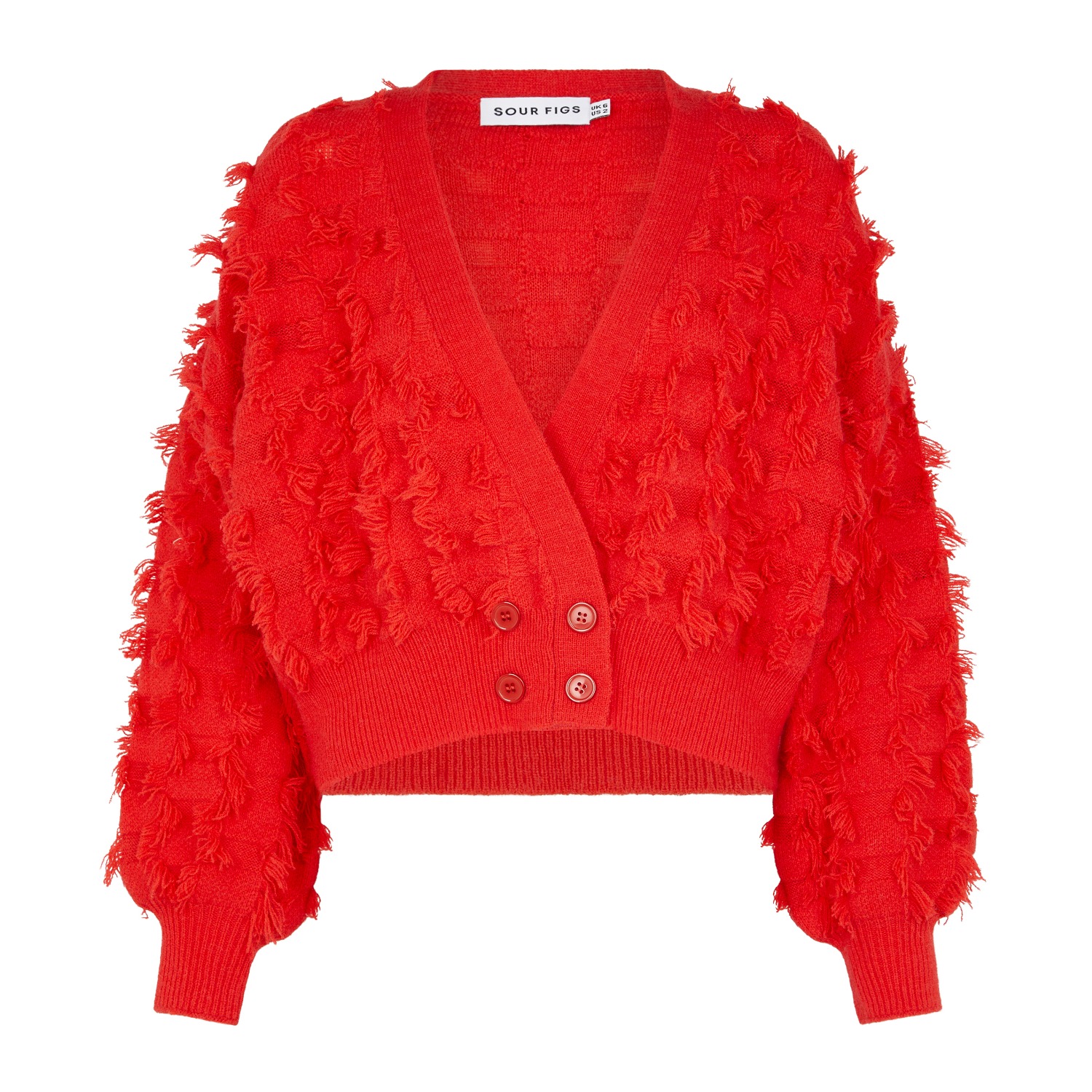 Sour Figs Women's Fringed Checkerboard Cardigan In Lust Red In Red