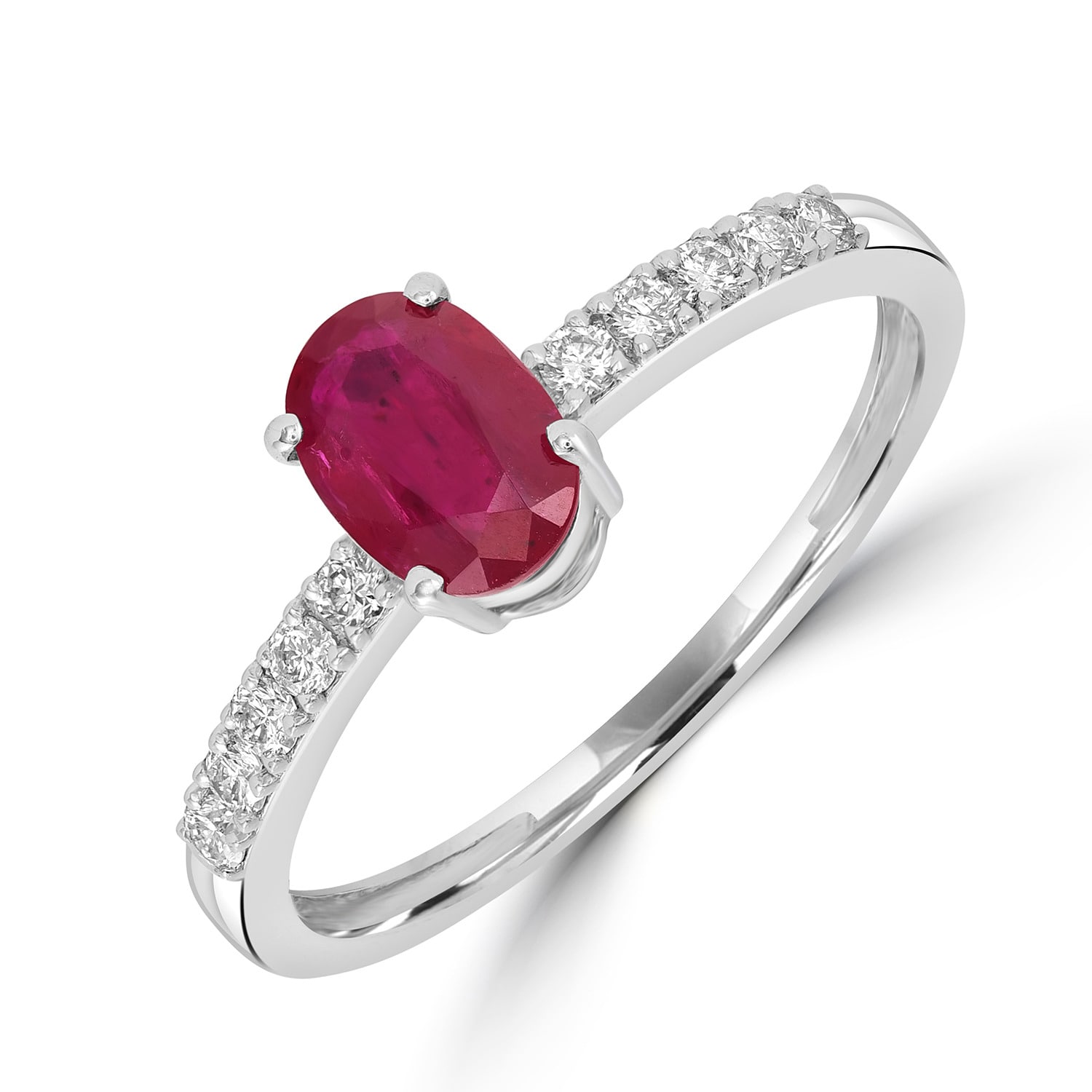 Artisan Women's White / Red Oval Cut Ruby Gemstone Pave Diamond Band Ring In White Gold