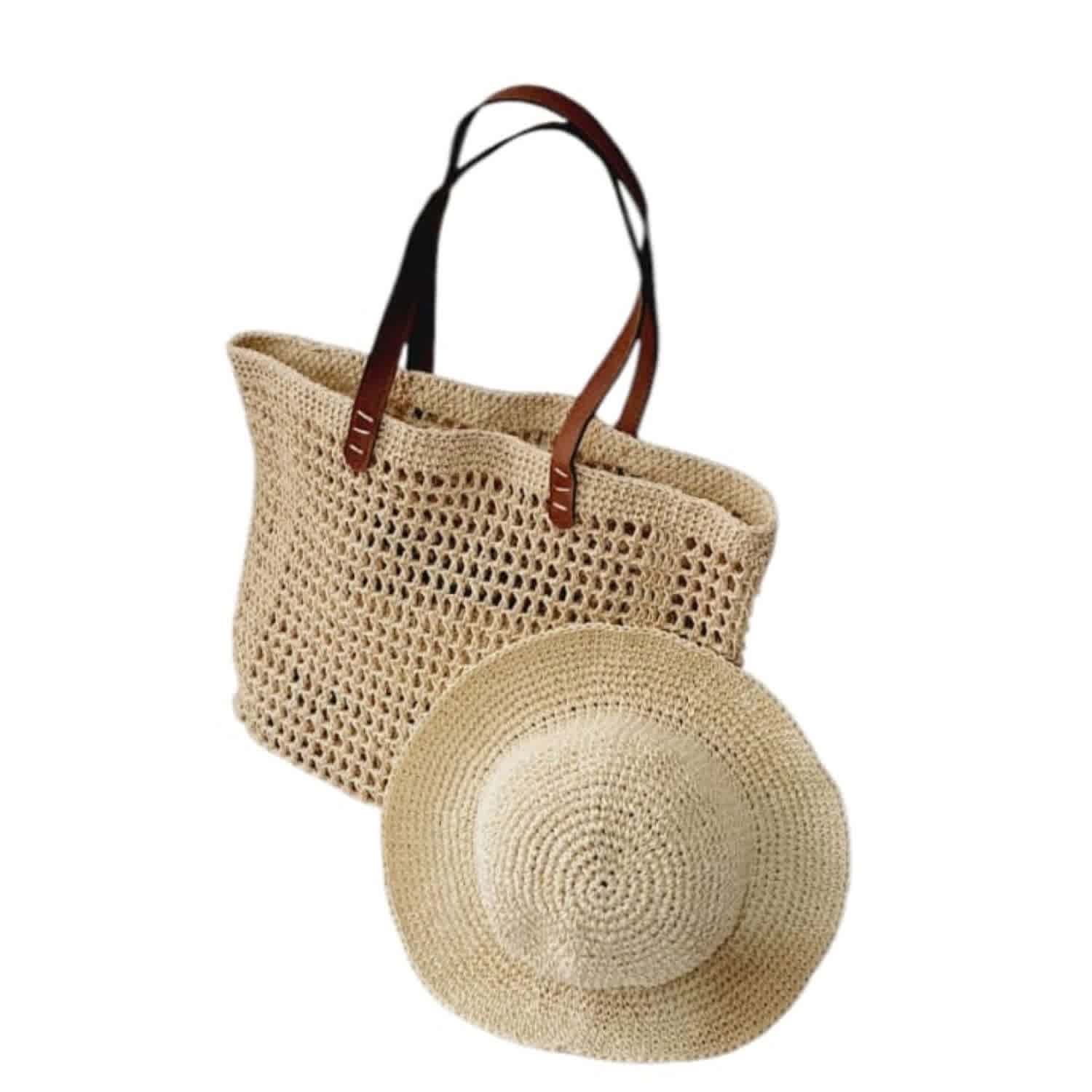 Woven Straw Tote Bag & Wide-Brim Sun Hat Set in Natural Tan The Original Natural Straw Traveler Hat Bag | Hat Attack main image 2