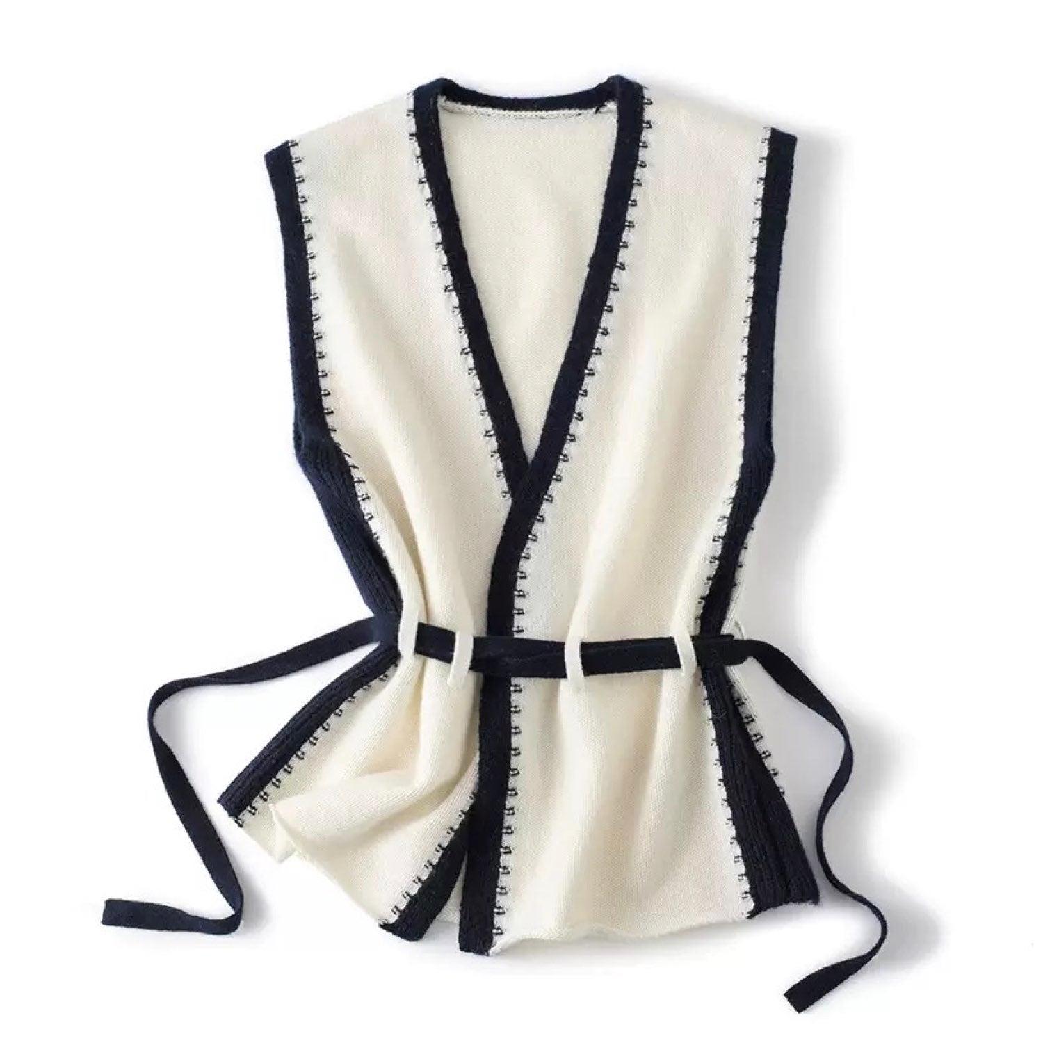 Jiaying Wang Wjy Studio London Women's Black / White Soft Cashmere Pearl Black V-neck Vest Waistcoat Cardigan