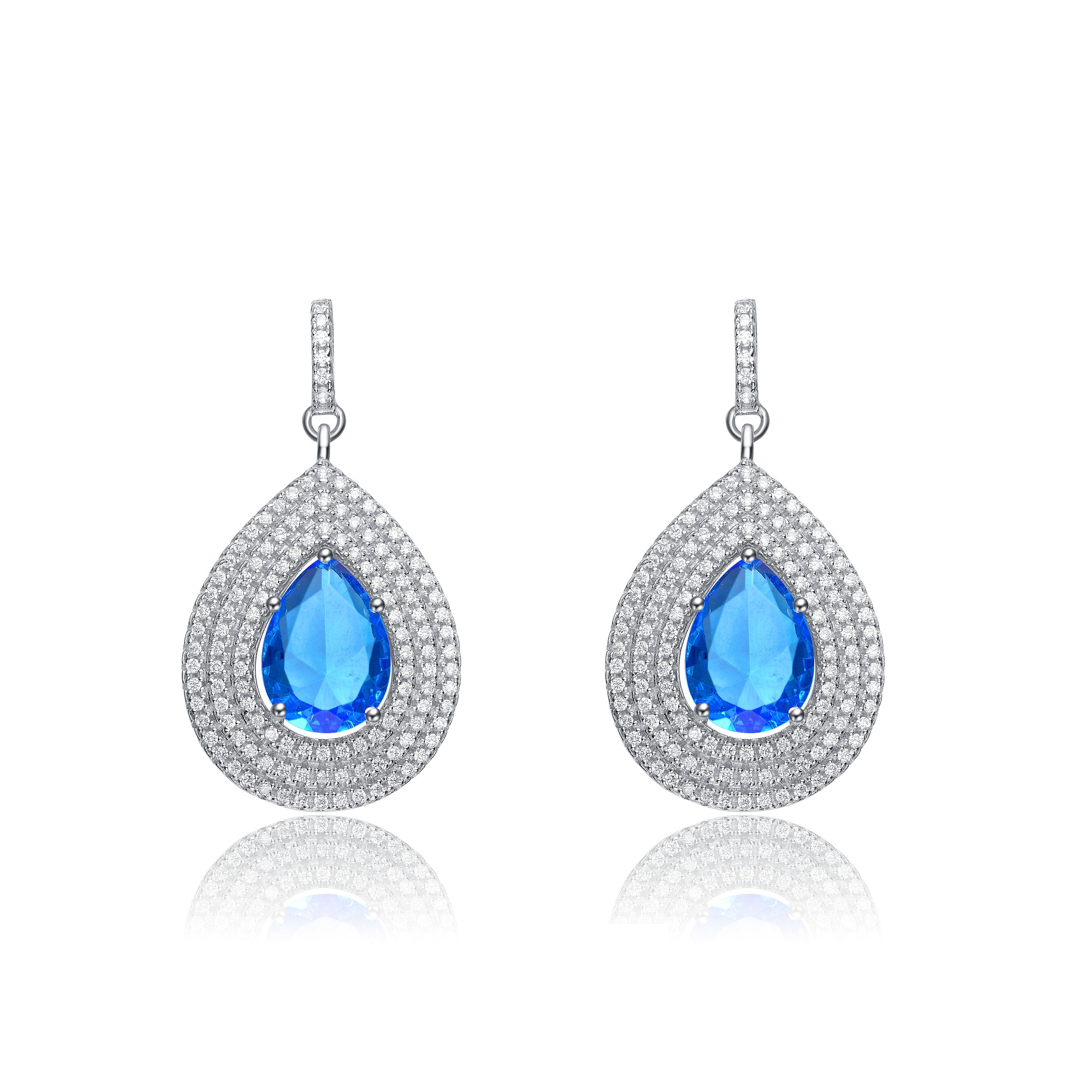 Genevive Jewelry Women's White / Silver Cubic Zirconia Sterling Silver White Gold Plated Blue Topaz Teardrop Earrings In Multi