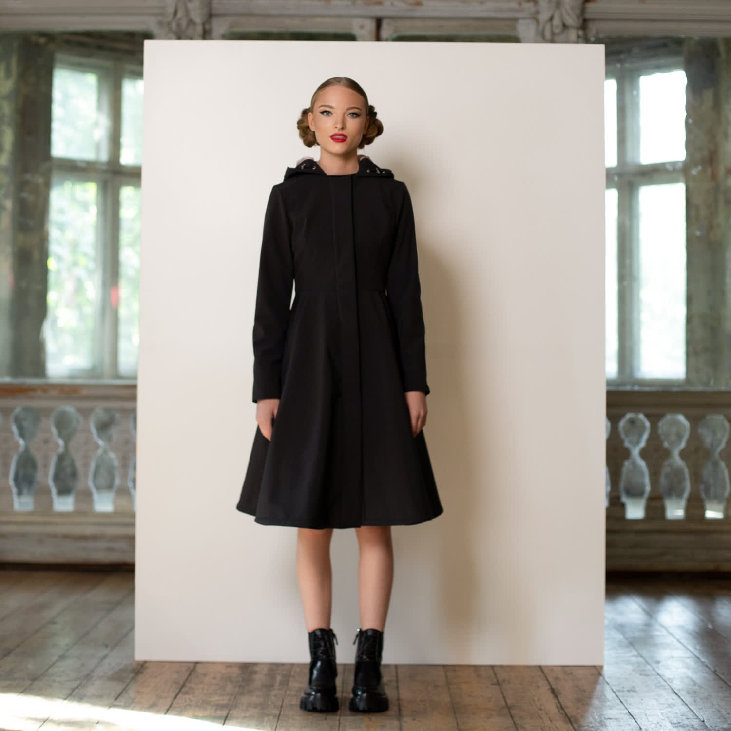Fitted & Flared Black Waterproof Coat With Hood: Midnight