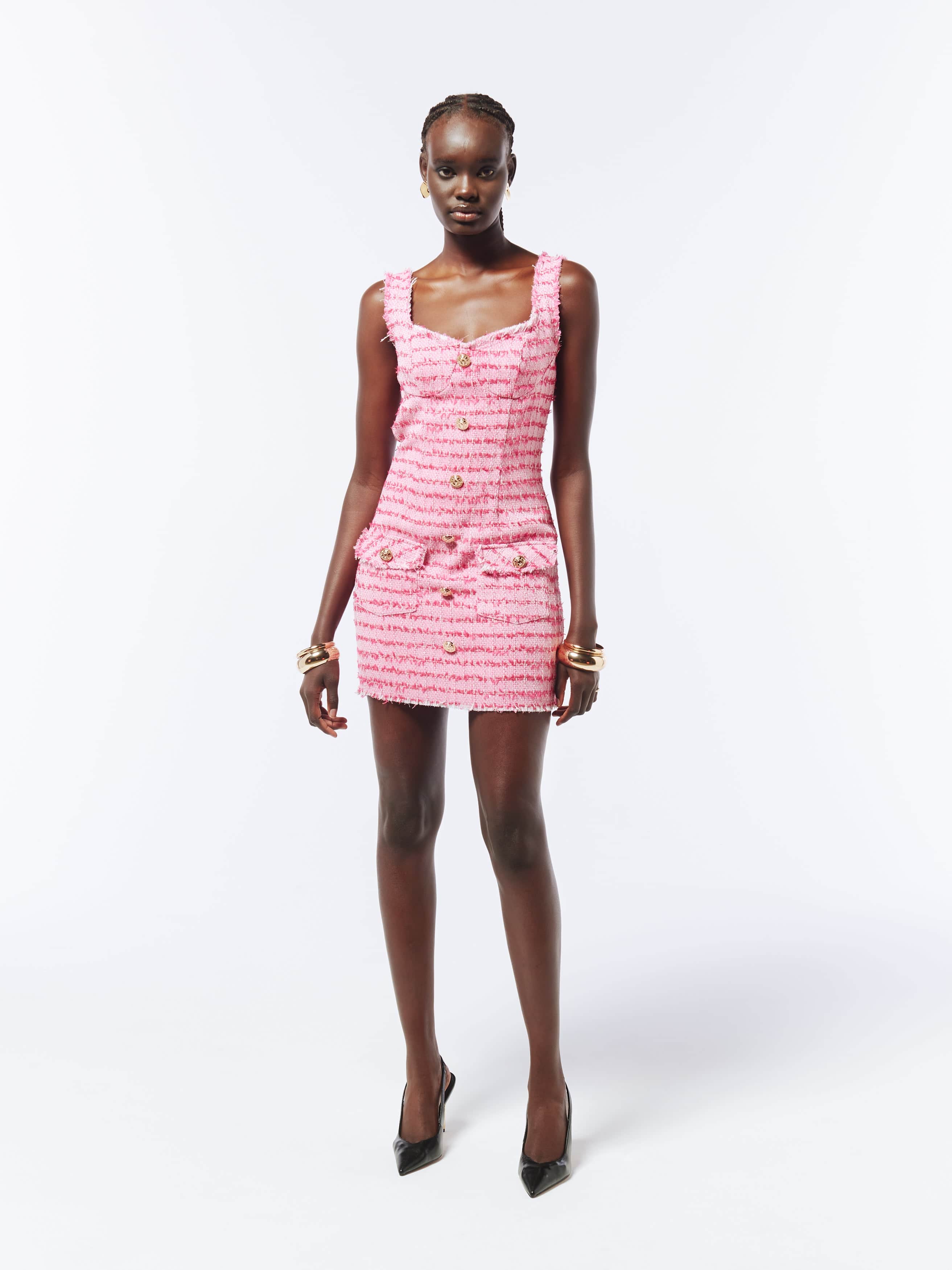 Sour Figs Tweed Frayed Trim Mini Dress - Pink