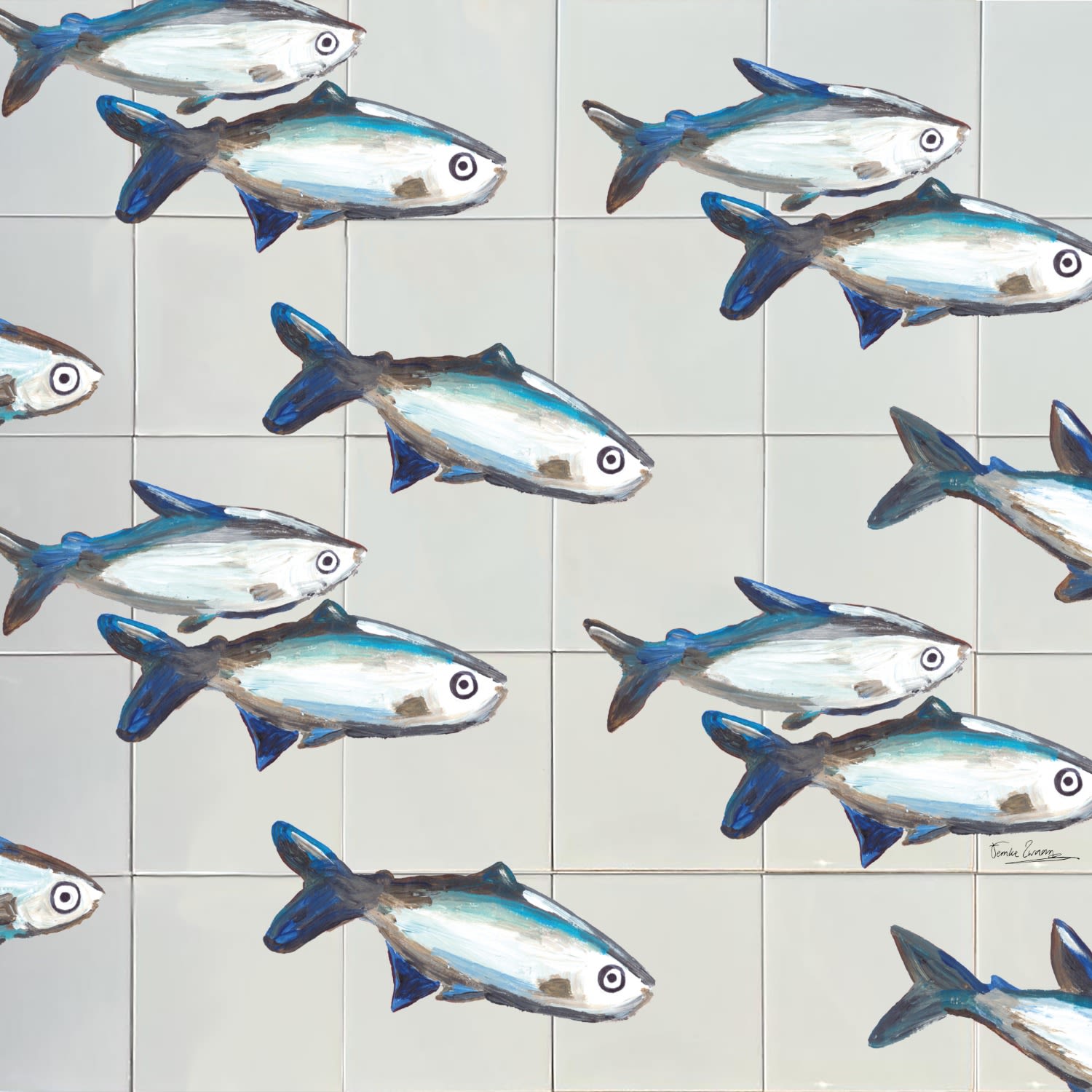 White / Blue Backsplash Tiles Blue Fish Catchii