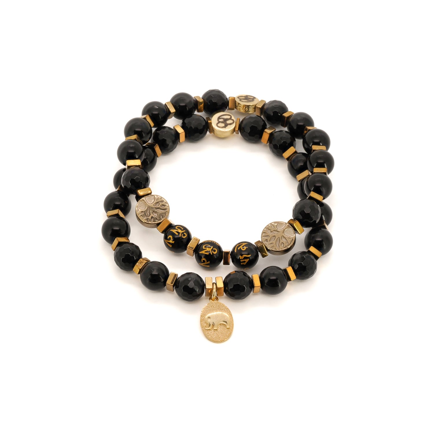 Women’s Gold / Black Black Onyx Stone Beaded Gold Elephant Charm Mantra Bracelet Set - Black Ebru Jewelry