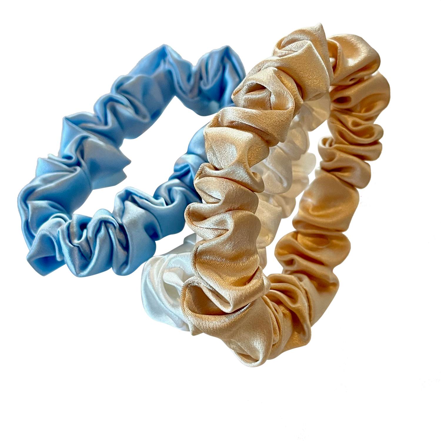 Women's Blue Set Of Three Pure Mulberry Silk Mini Scrunchie Weekly Special Hair Ties Daisy Dreams | One Size | Soft Strokes Silk