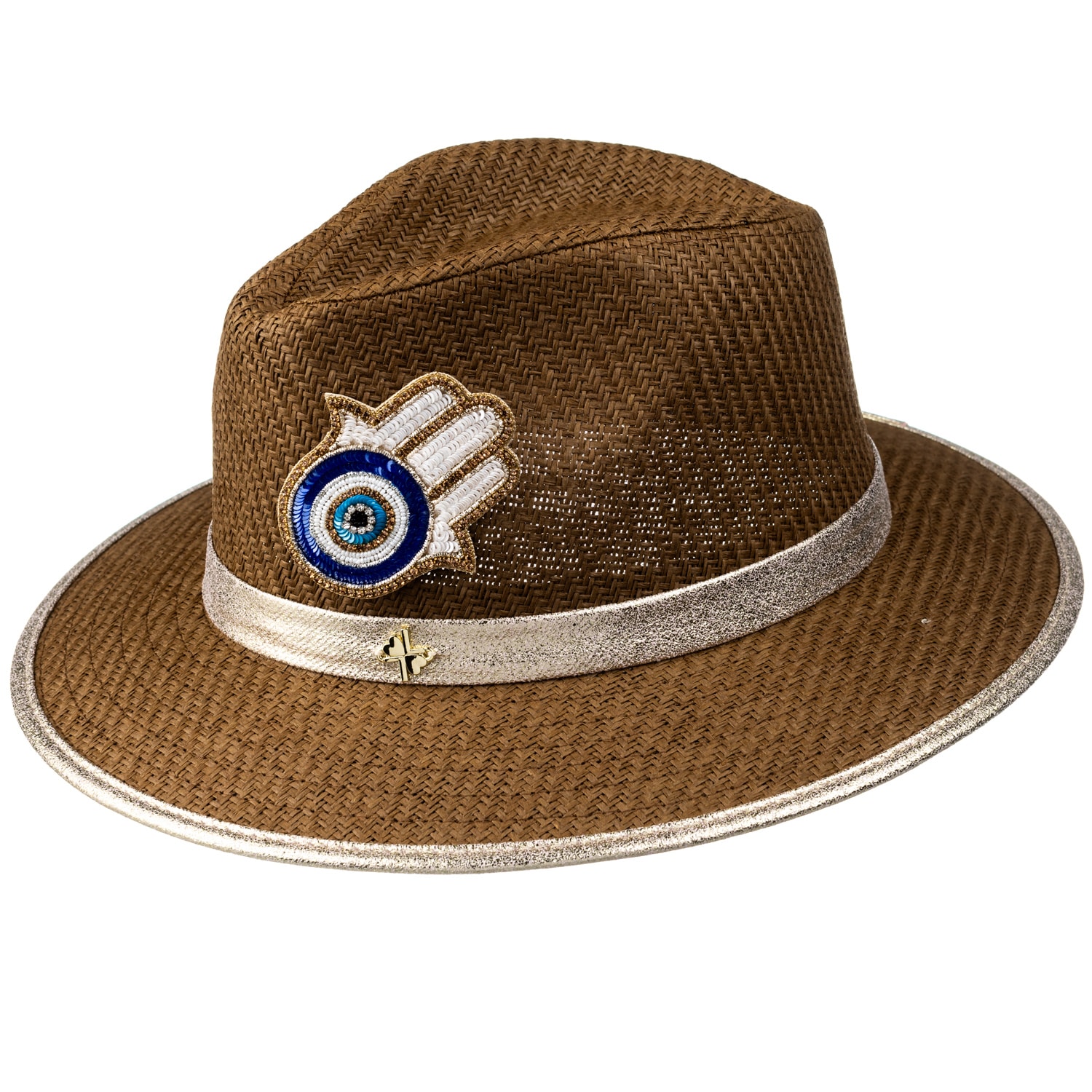 Women’s Brown Straw Woven Hat With Embellished Hamsa Hand Brooch - Caramel One Size Laines London