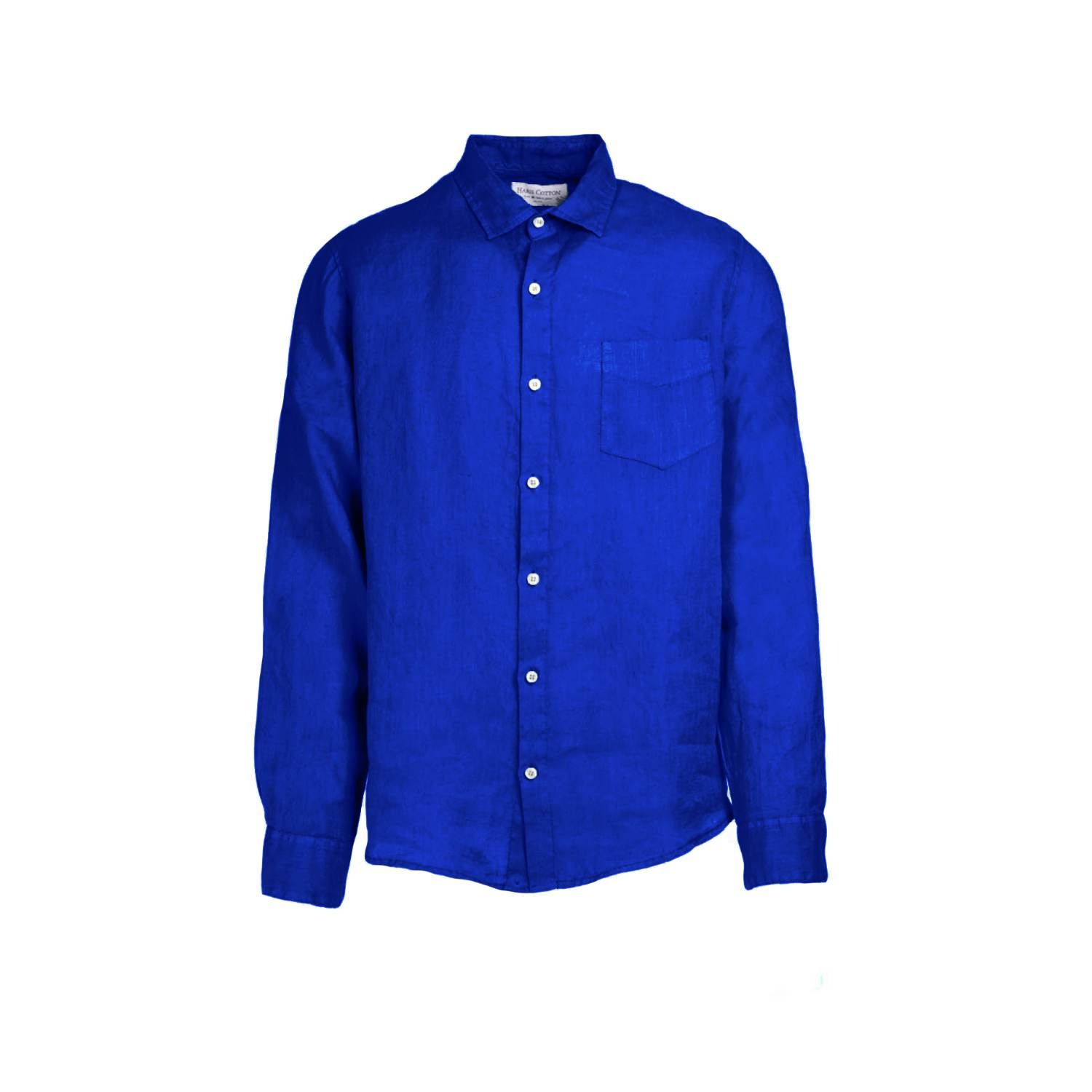 Haris Cotton Men's Blue Long Sleeved Front Pocket Linen Shirt - Lapis In Blue