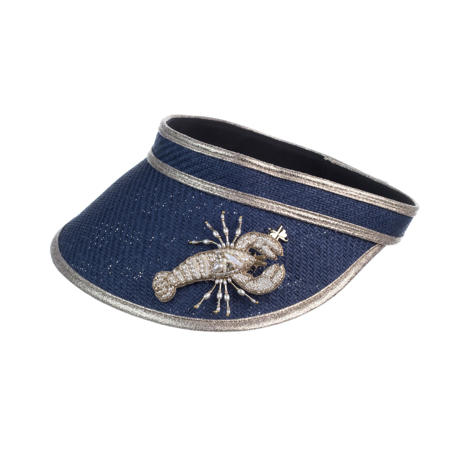 Women’s Blue Straw Woven Visor With Beaded Lobster Brooch - Navy One Size Laines London