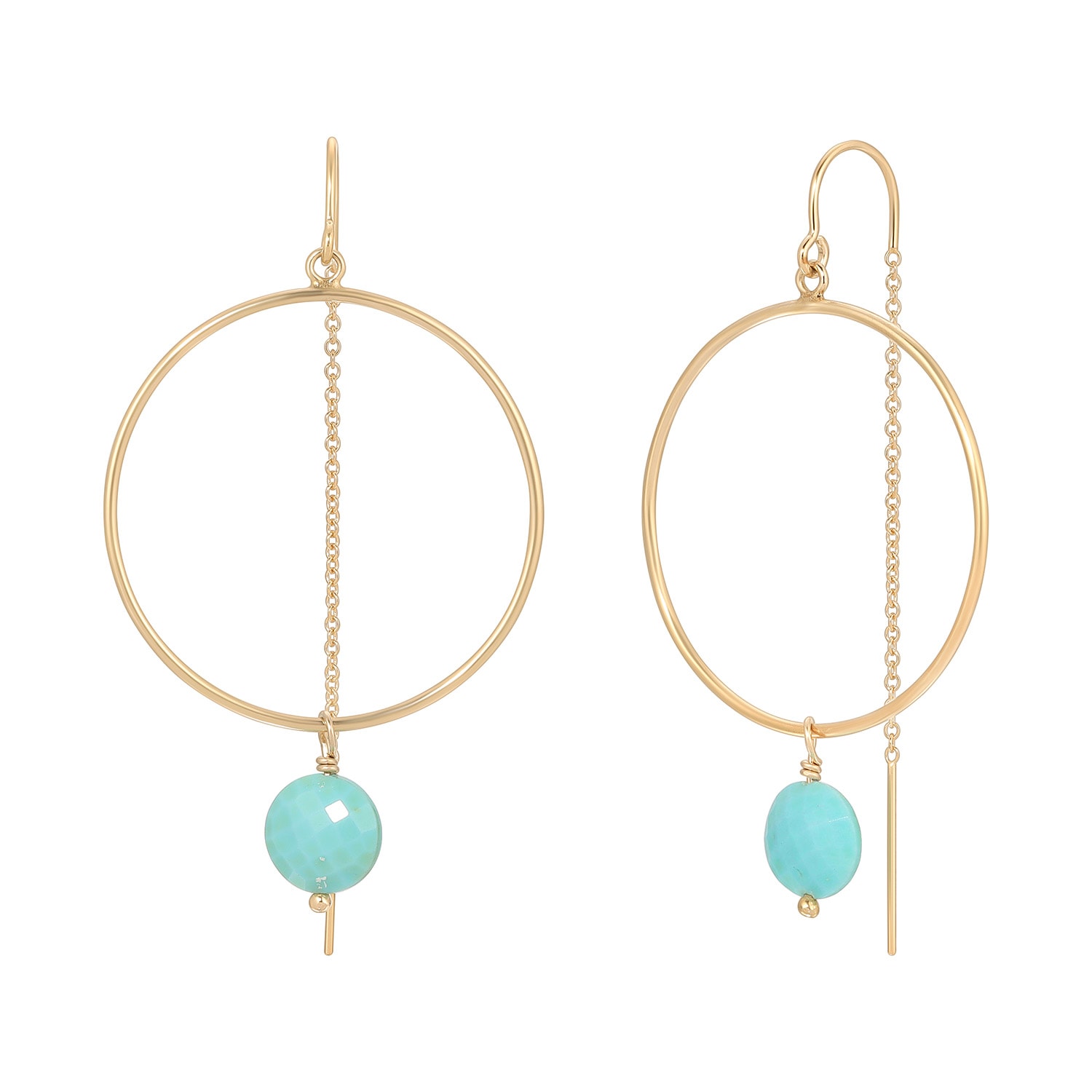 Heather Hawkins Jewelry Women's Blue Coin Gemstone Hoop Threader Earrings - Turquoise - Goldfilled