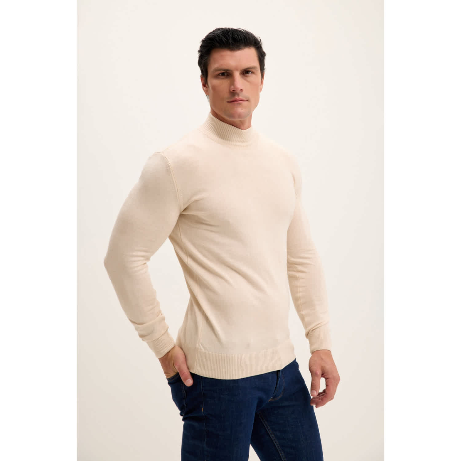 Mock Neck Relaxed Sweater - Beige | Ron Tomson | Wolf & Badger