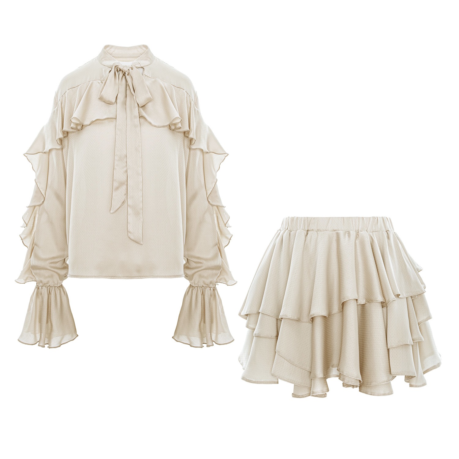Bluzat Brown Beige Set With V Neck Shirt & Ruffle Skirt In Brown
