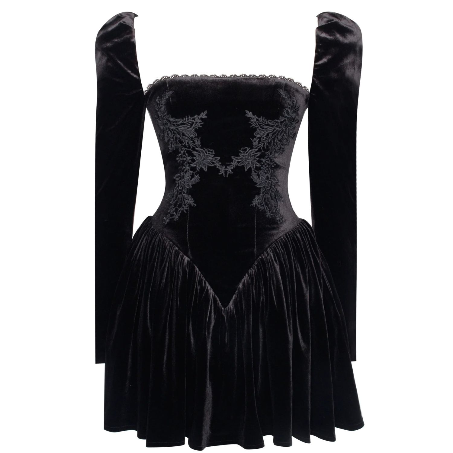Miss Circle New York Women's Yolanda Black Velvet Long Sleeve Mini Dress With Lace Trim In Black