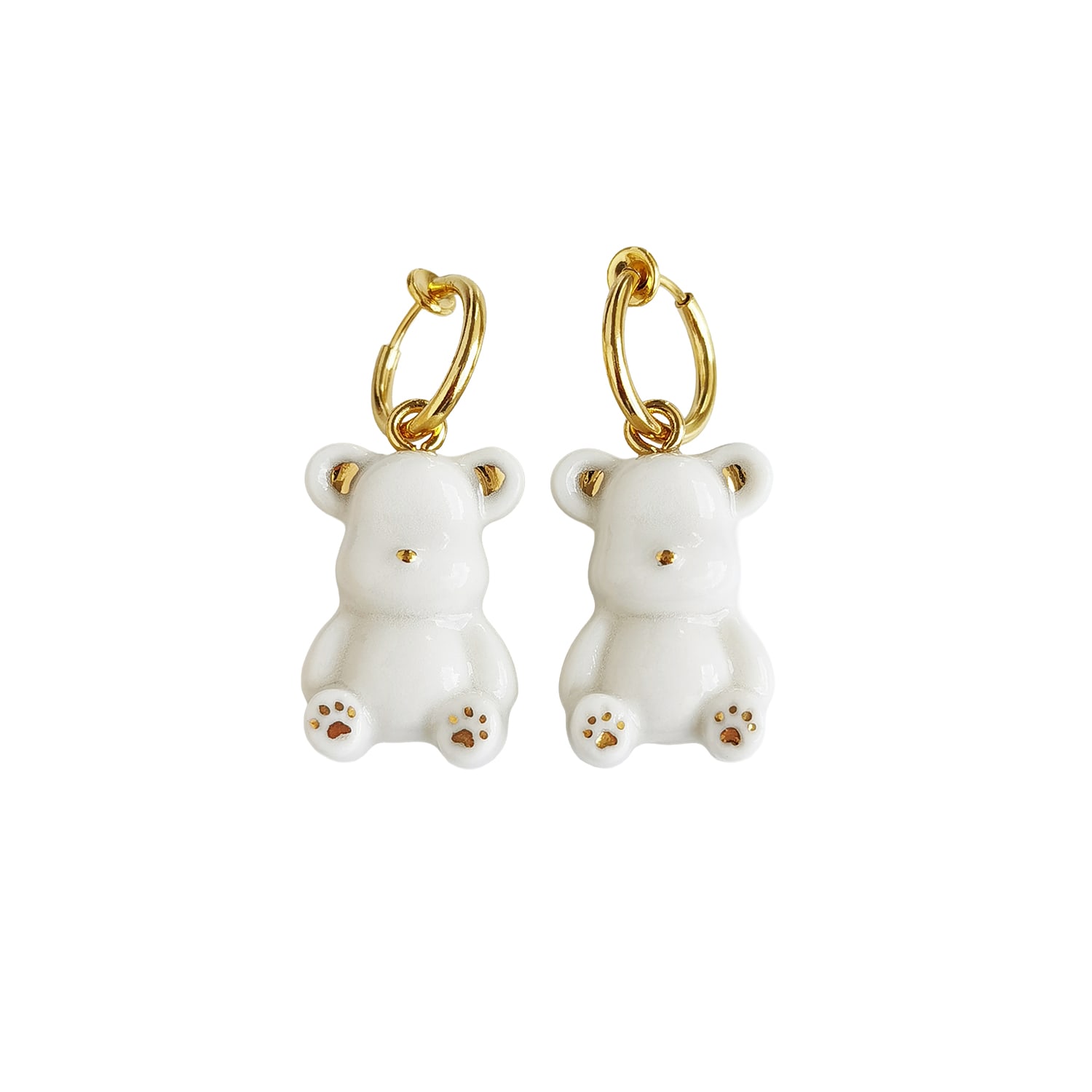 Poporcelain Women's Gold / White Classy White Porcelain Teddy Bear Clip On Earrings In Multi