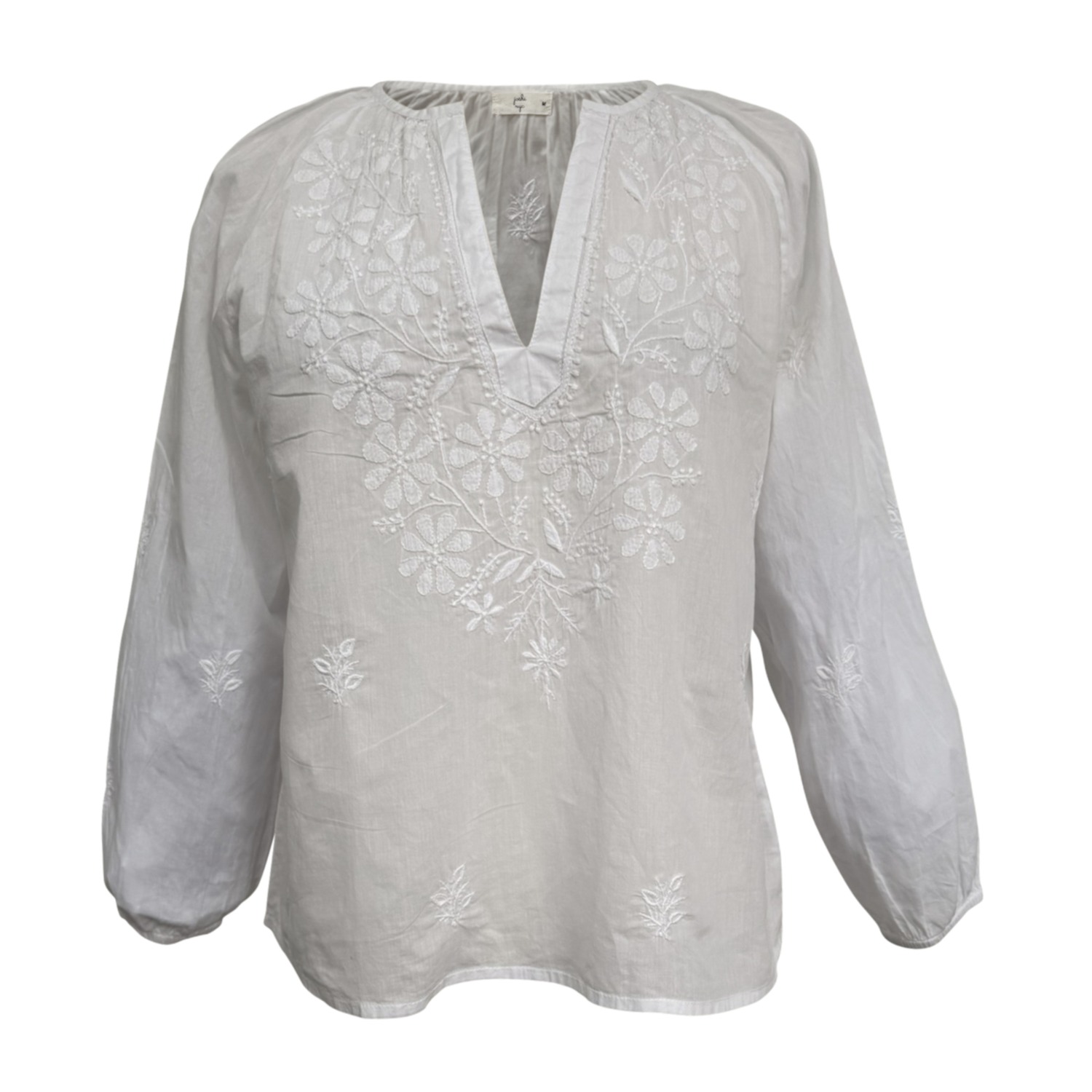 Kali Joshi Women's Hand Embroidered Crisp Cotton White Peasant Top In White