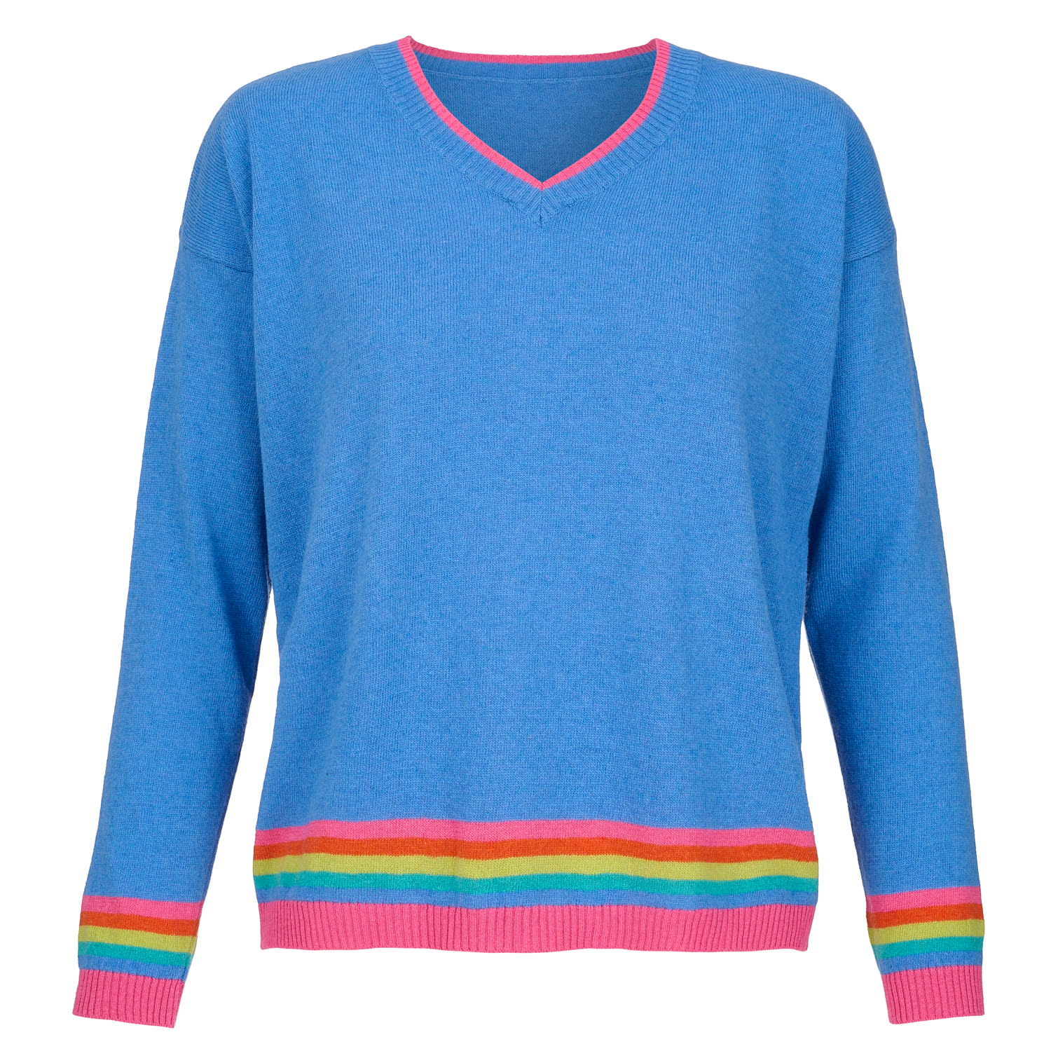 At Last... Women's Cashmere Mix Sweater In Blue With Rainbow Stripe Hem & Cuffs In Blue