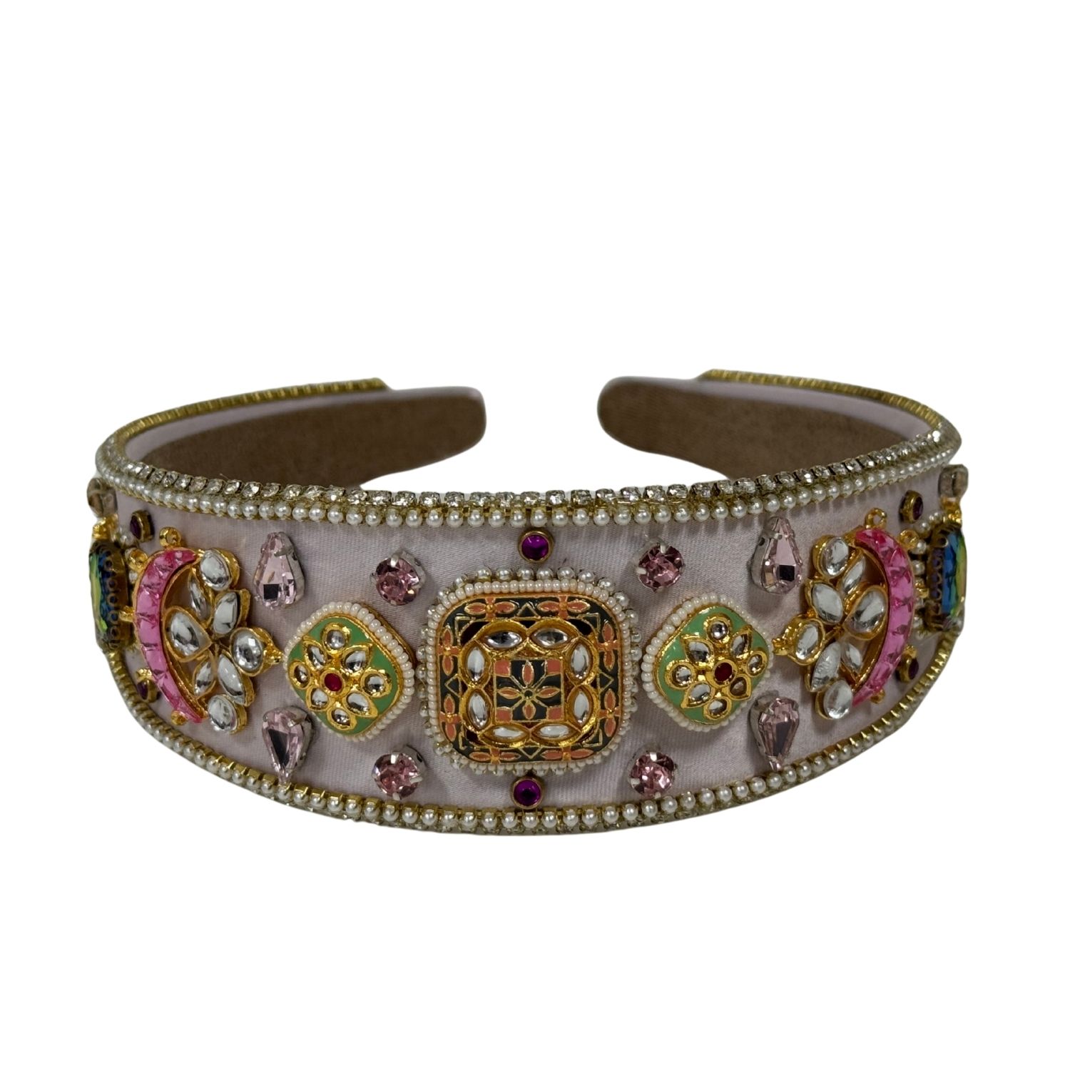Nesavaali Women's Pale Pink Kundan-embellished Satin Statement Hairband