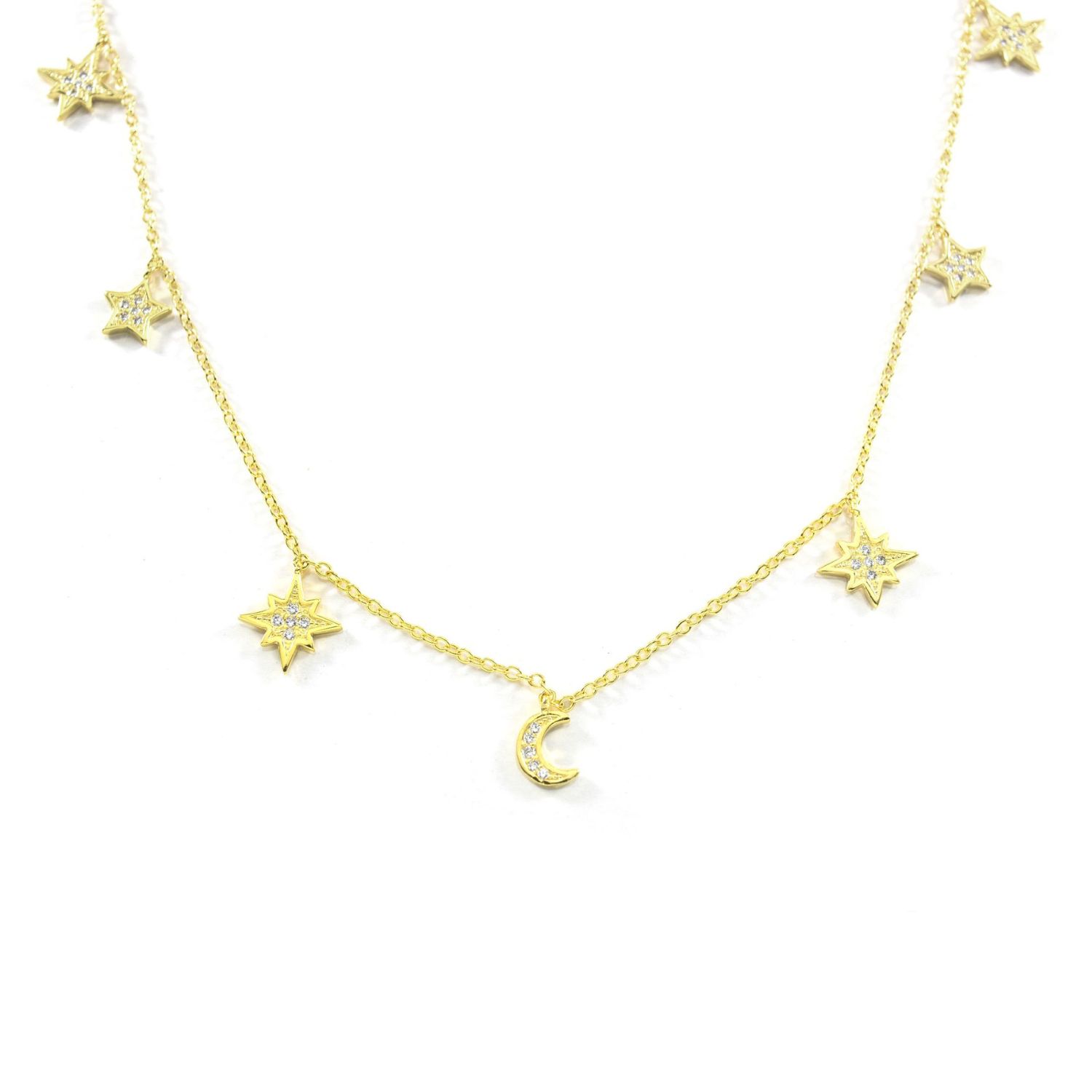 Women’s Heavenly Realms Moon & Stars Drop Choker Necklace, Gold Over Sterling Silver Seven Saints