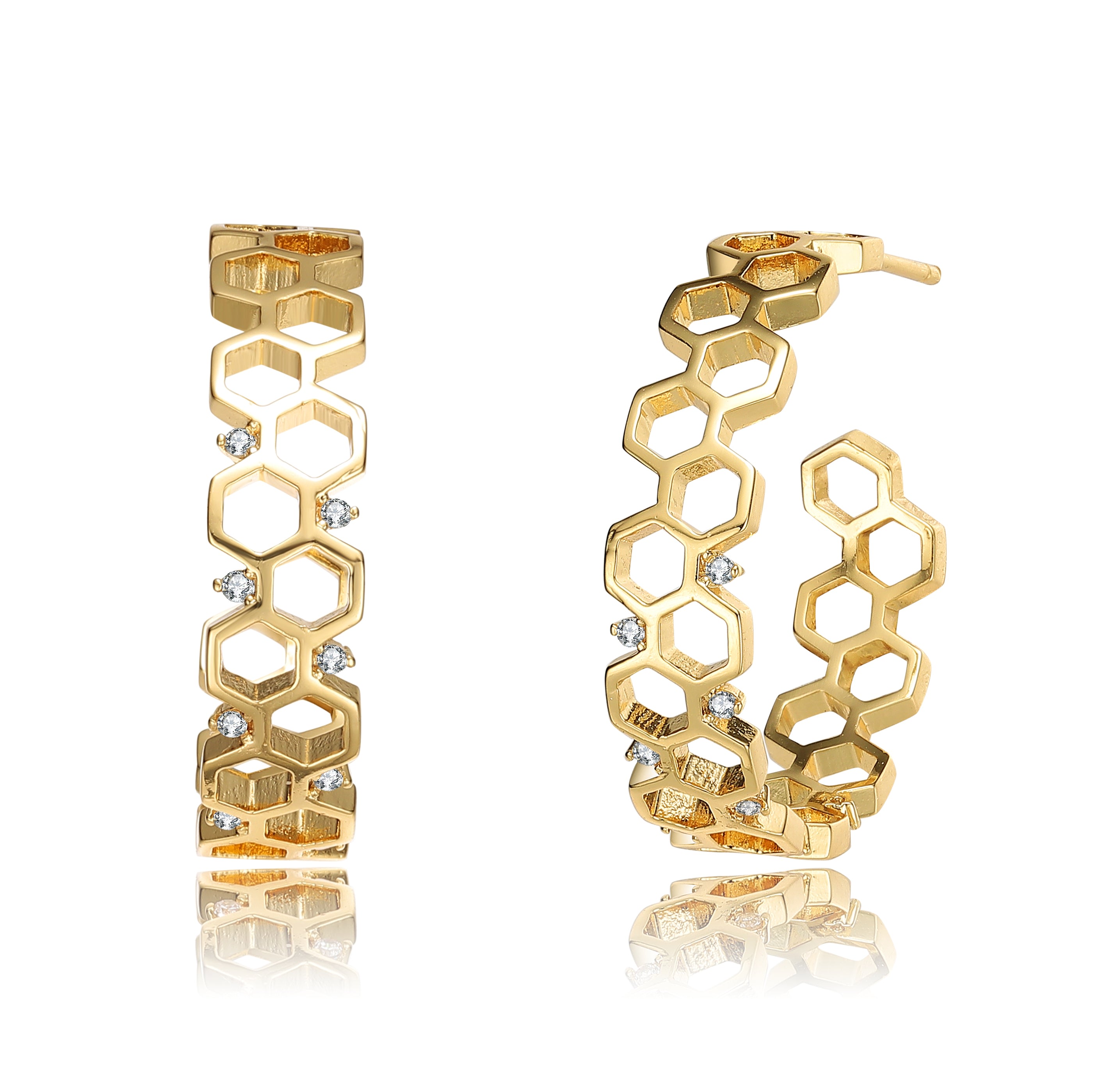 Women’s Gold / White Rachel Glauber Gold Plated Clear Round Cubic Zirconia Open Hoop Earrings Genevive Jewelry
