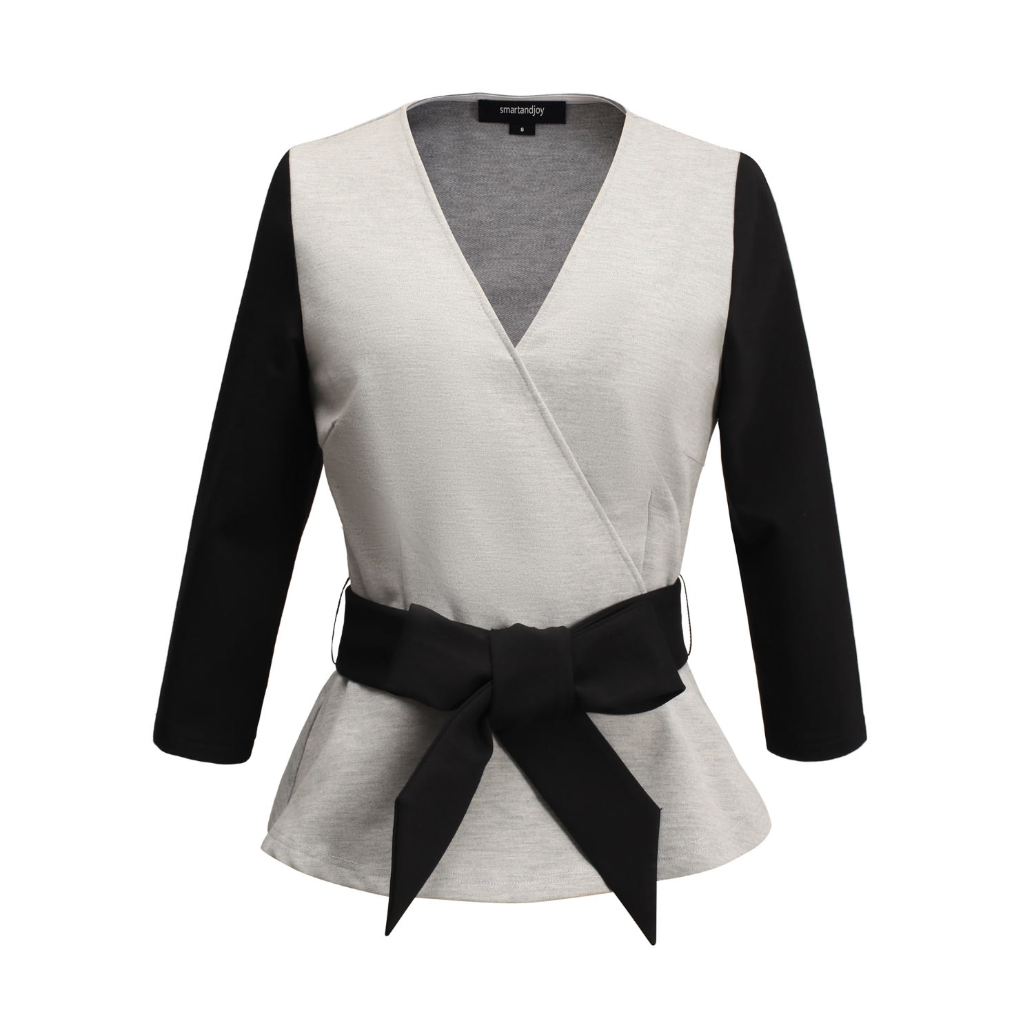 Women’s Grey Color Black Peplum Top With Cross-Heart Effect & Belt Extra Small Smart and Joy