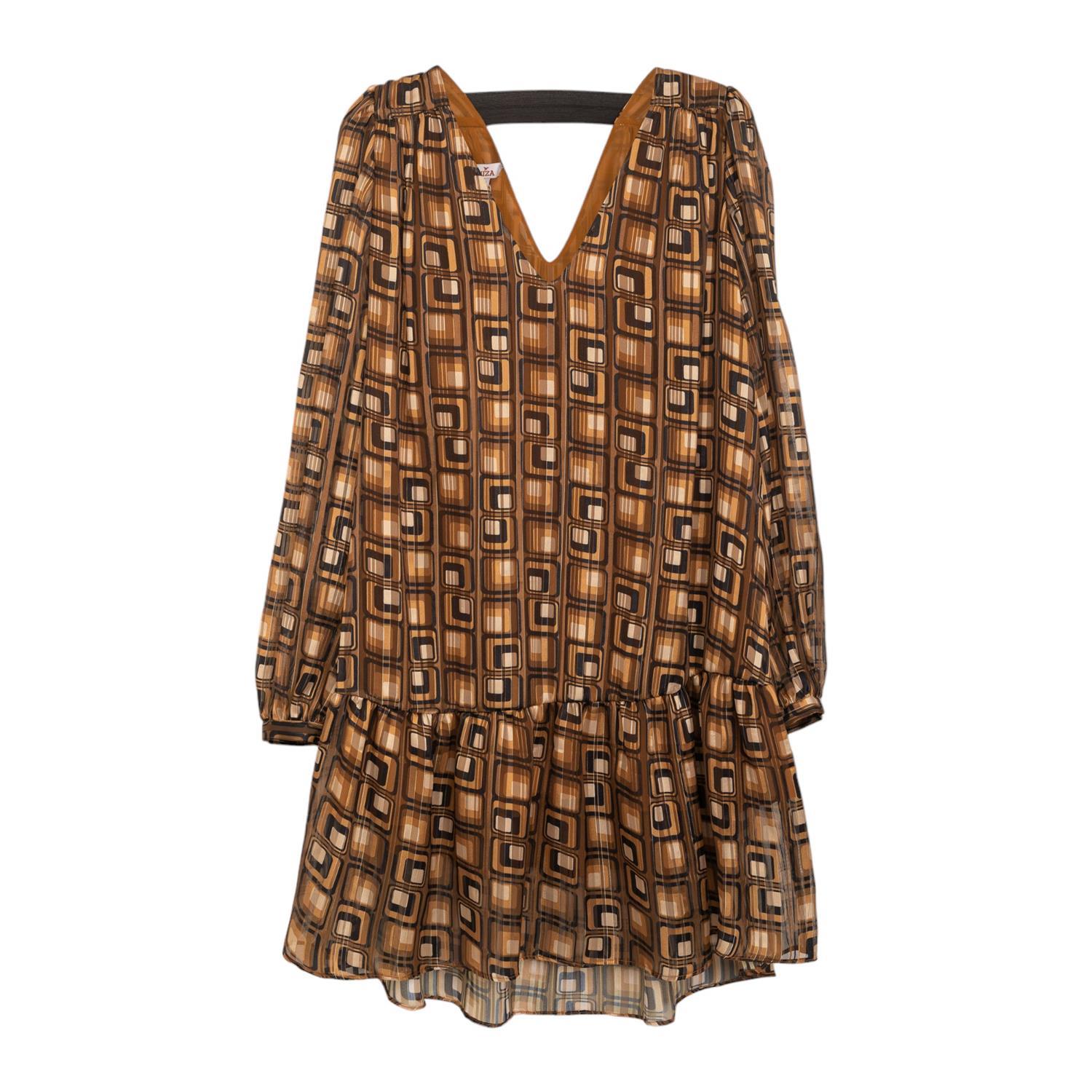 Niza Women's Brown Short Dress With Ruffle And Metallic Rubber In Brown