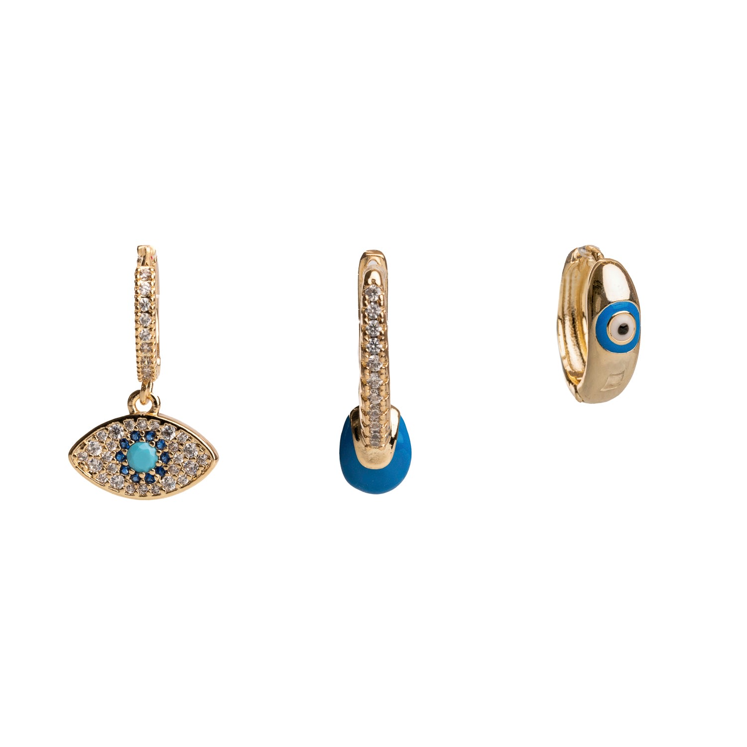 Ebru Jewelry Women's Gold / Blue Blue Evil Eye Gold & Diamond Trio Hoop Earring Set - Gold In Metallic